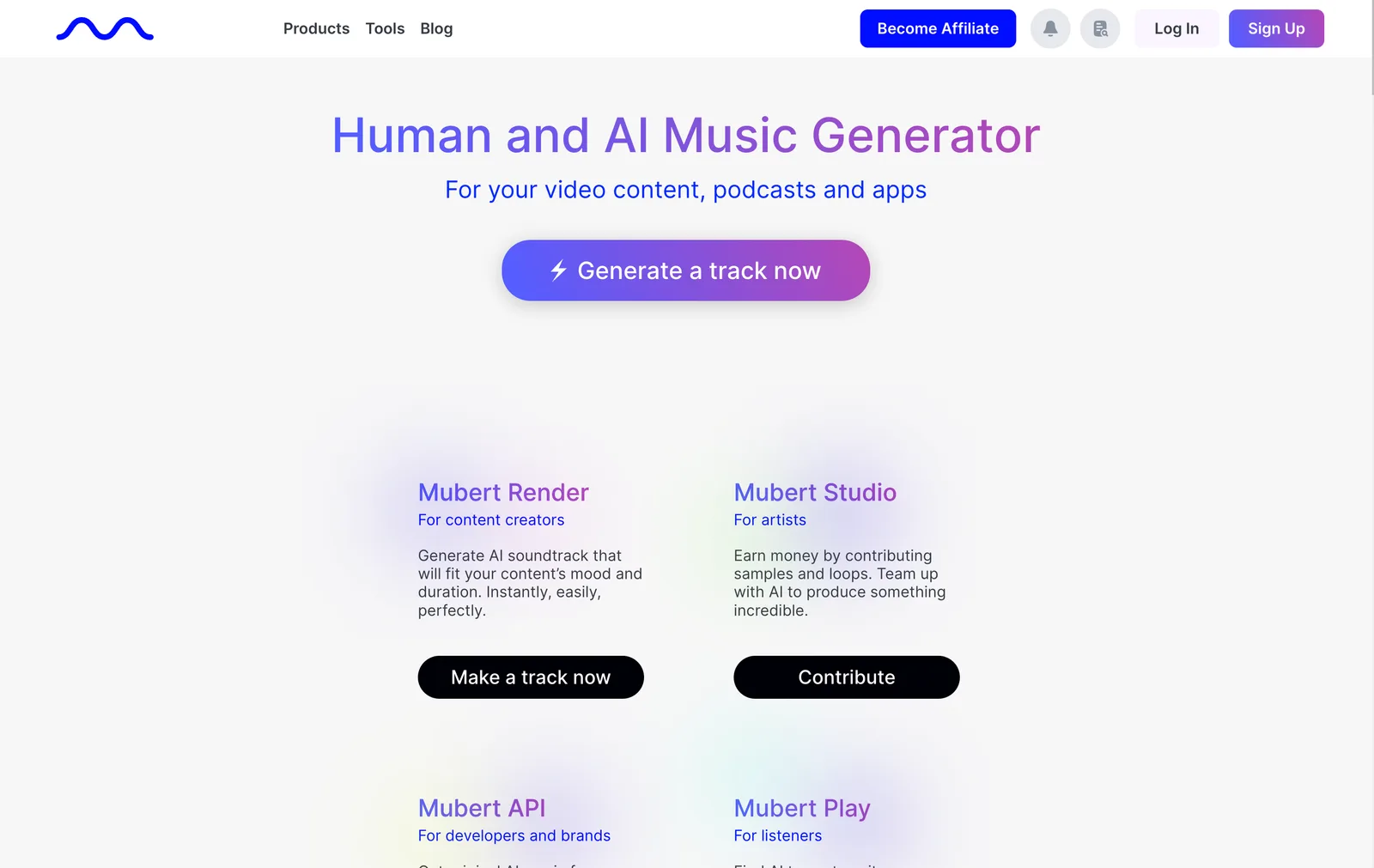 Mubert AI music generator homepage screenshot