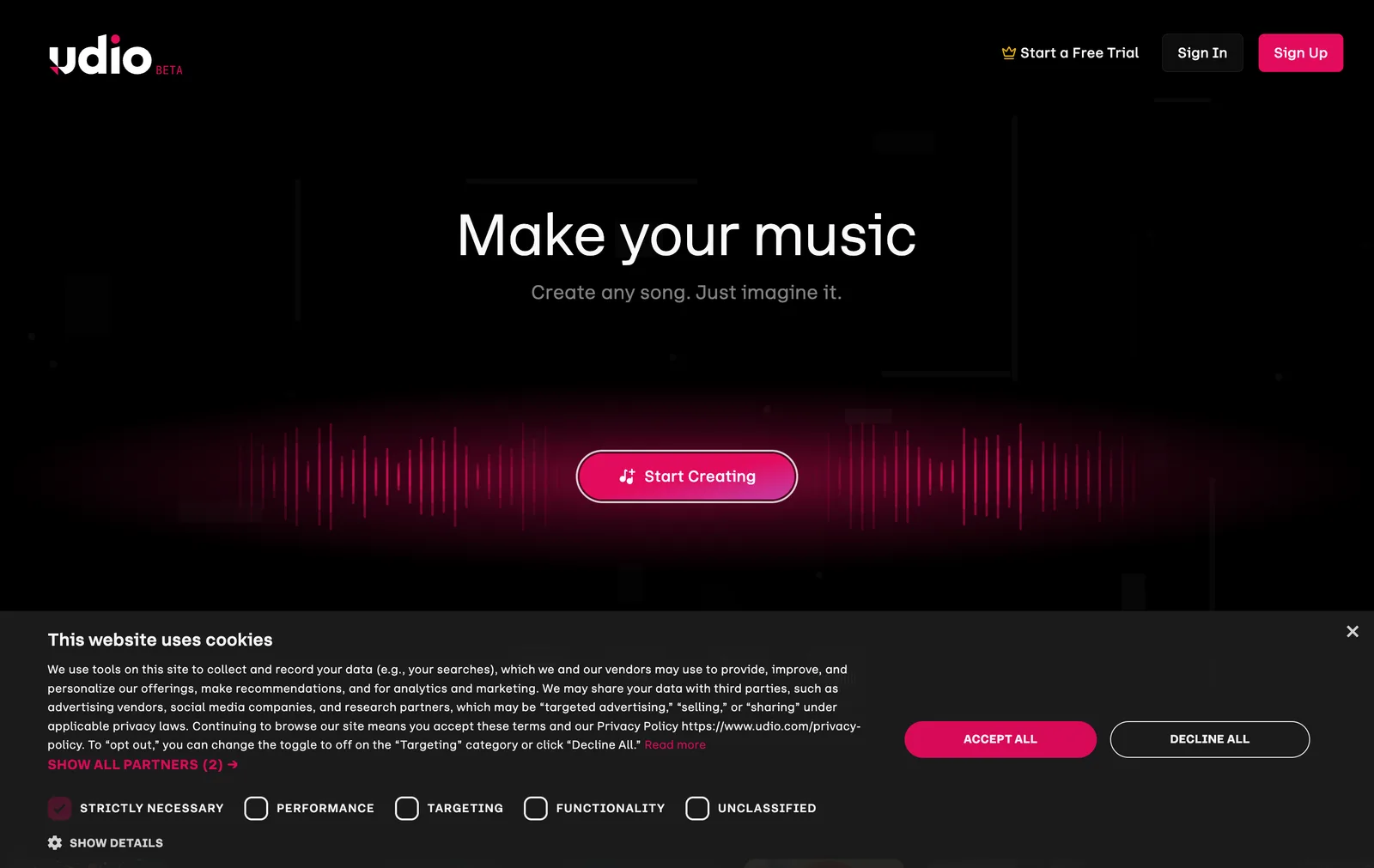 Udio AI music generator homepage screenshot