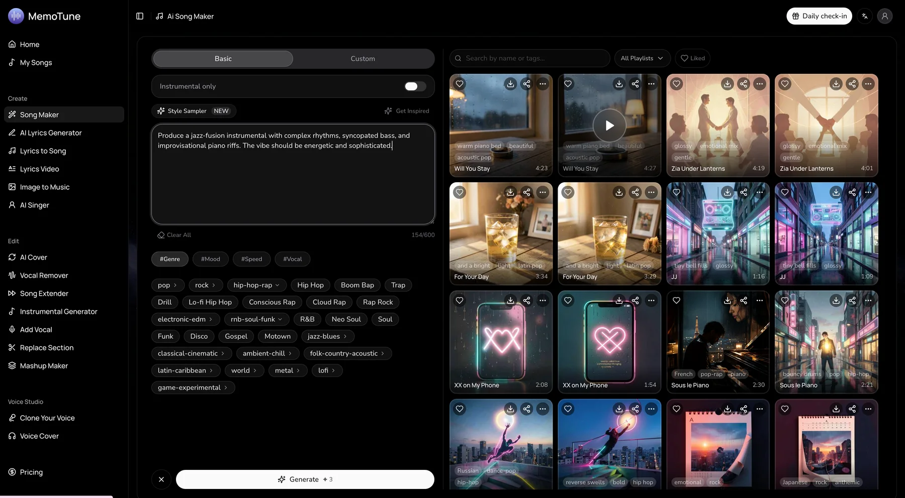 MemoTune AI Song Maker interface example