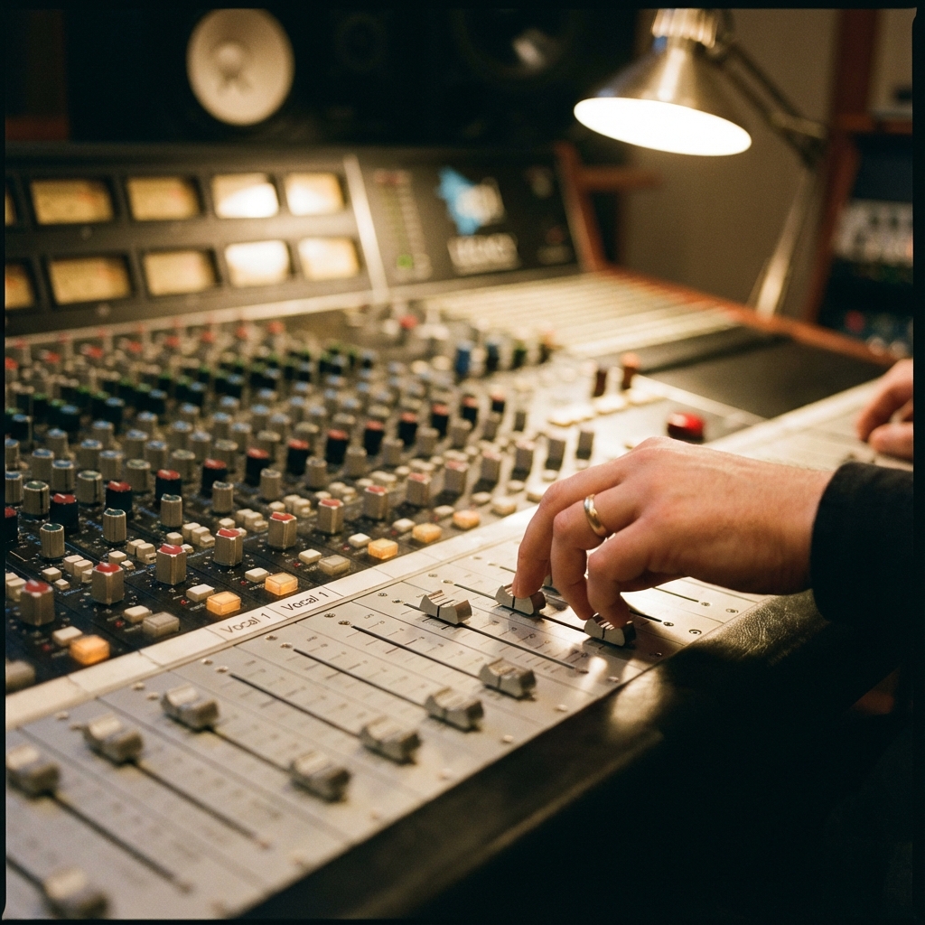 Hand adjusting audio mixing console for MemoTune controls
