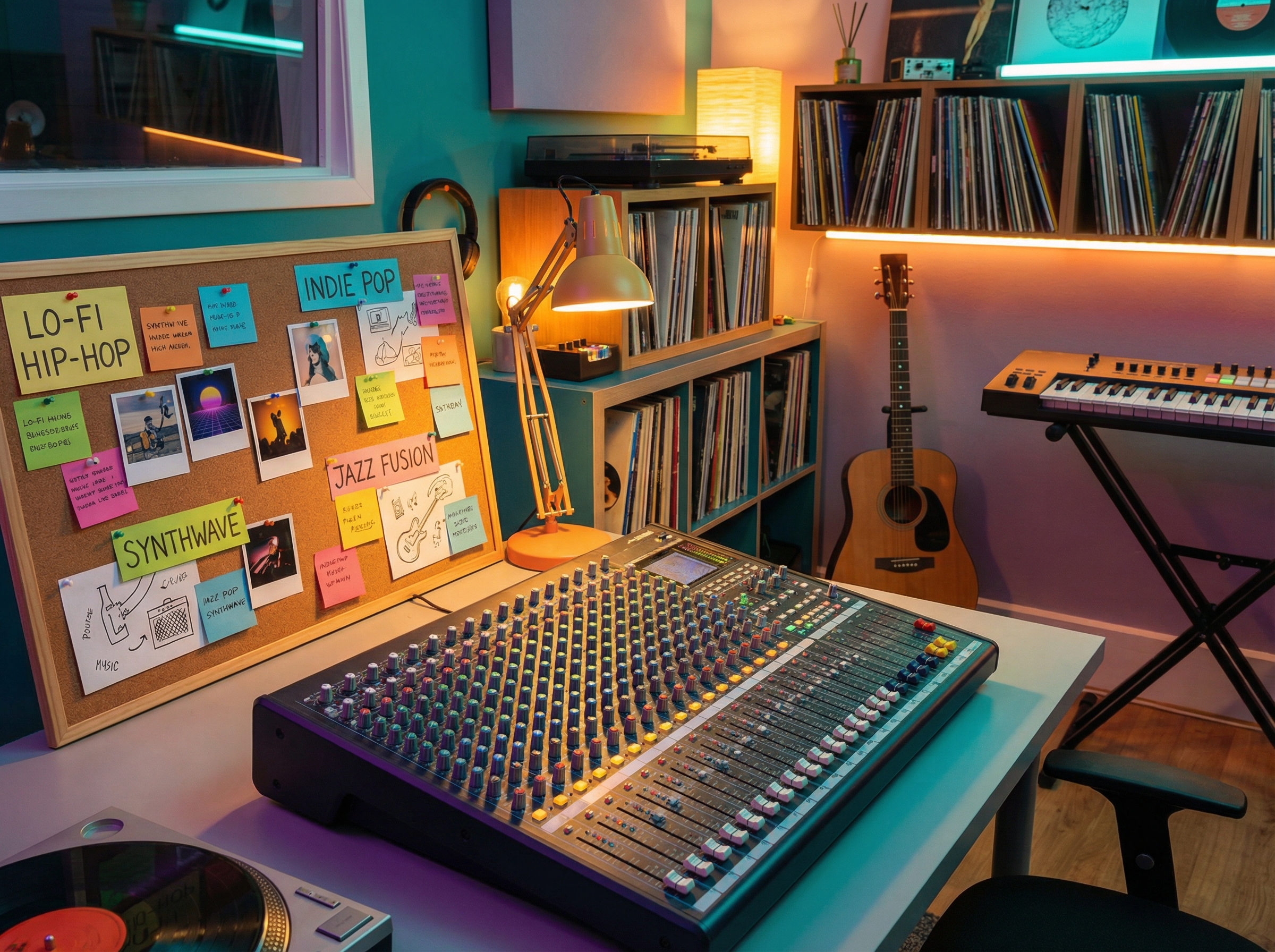Music producer desk with audio mixer and genre mood board