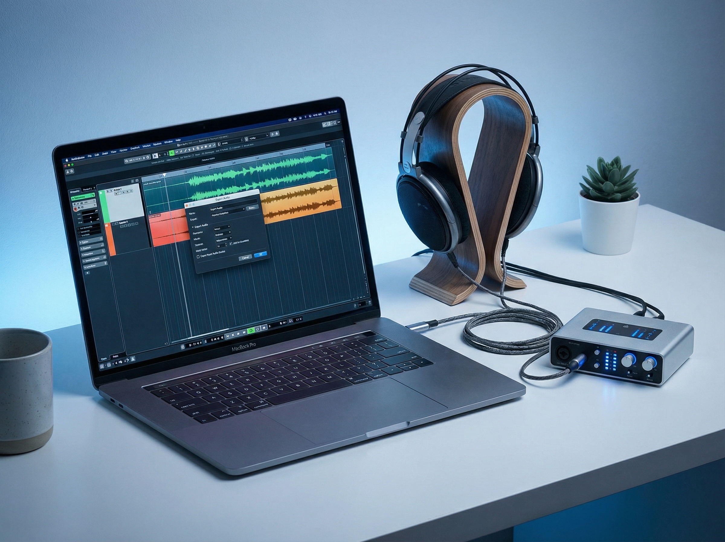Laptop displaying audio waveforms and export dialog