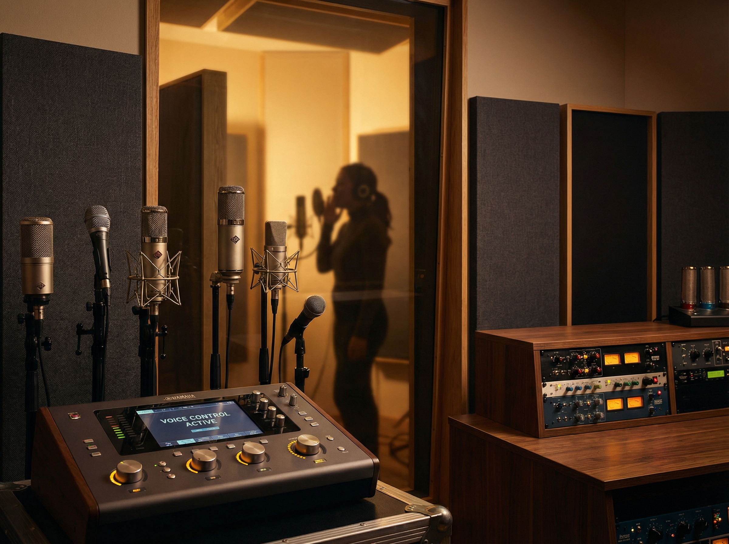 Recording studio vocal booth with microphones
