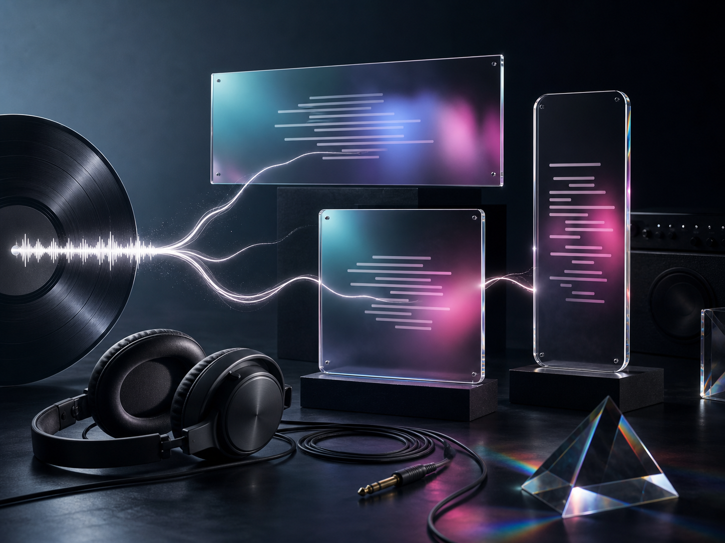 One audio waveform branching into wide vertical and square lyric video formats