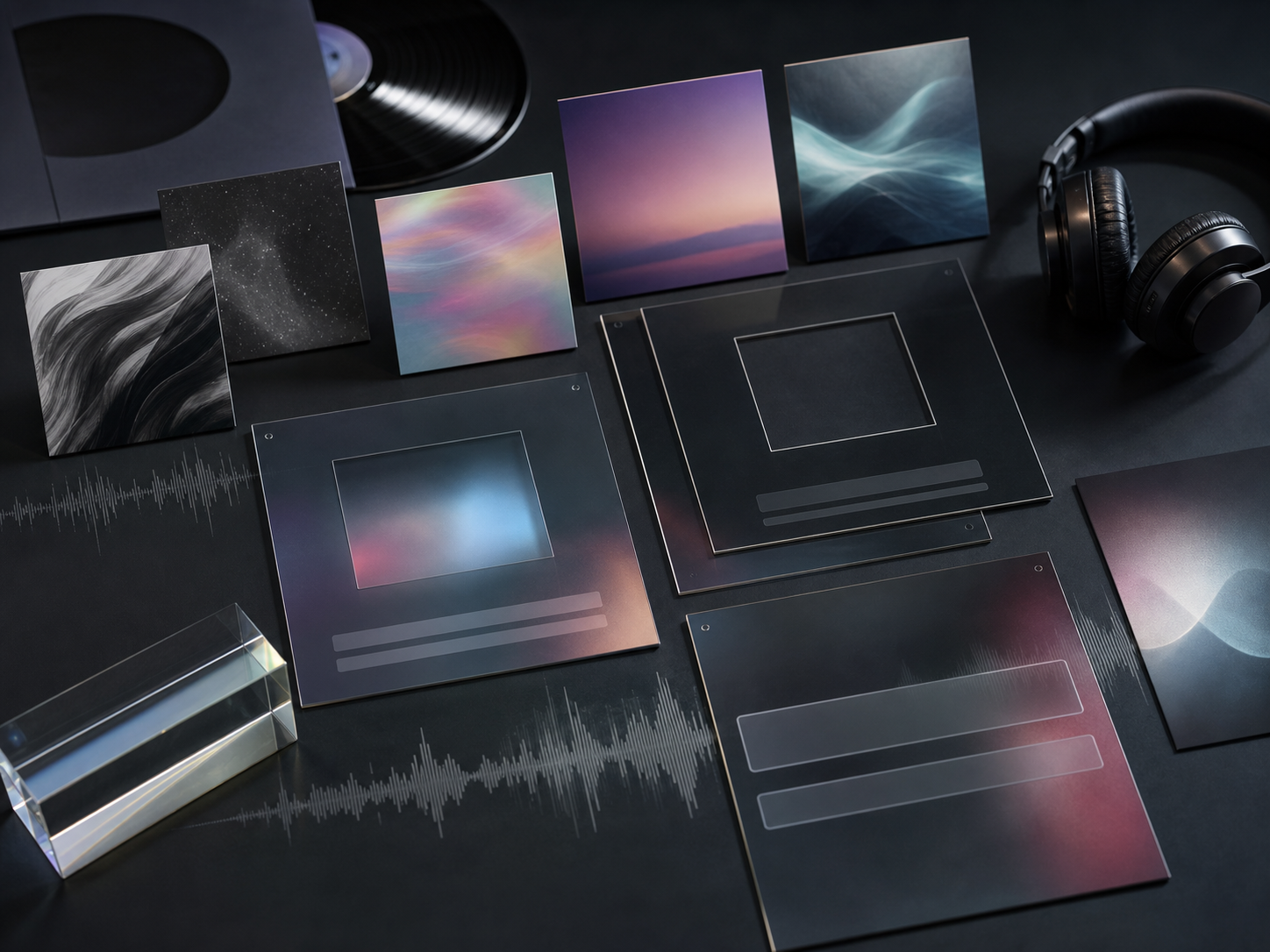 Lyric video layout cards and abstract background plates on a dark studio table