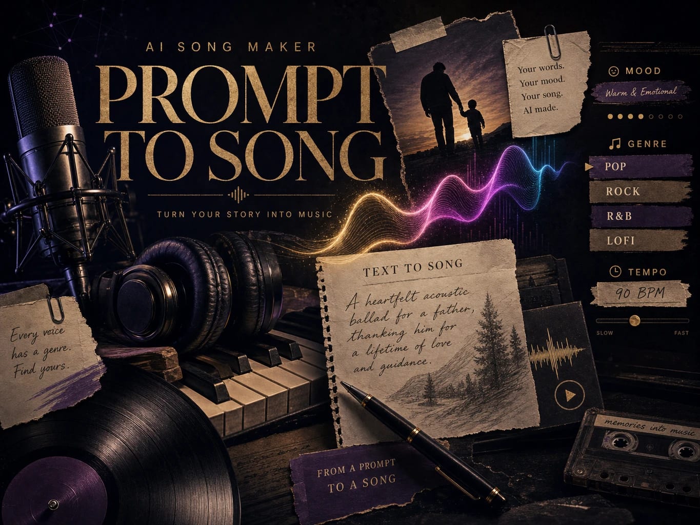 Постер створення пісні з текстового запиту: картка опису, звукова хвиля, мікрофон, клавіші піаніно та жанрові теги