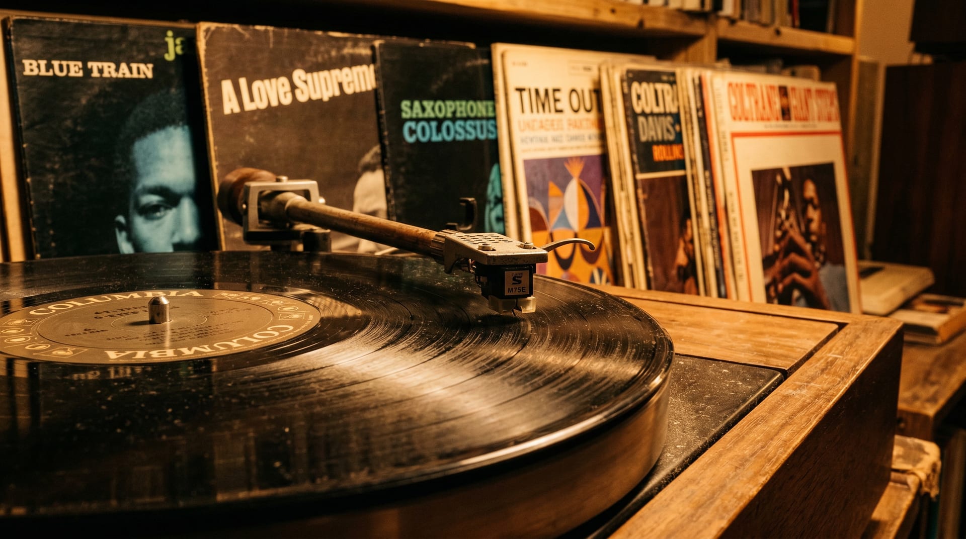 Vintage Jazz-Plattensammlung mit warmen Vinyl-Tönen, einer Plattenspielernadel, die in eine staubige Rille in schwachem Bernsteinlicht fällt