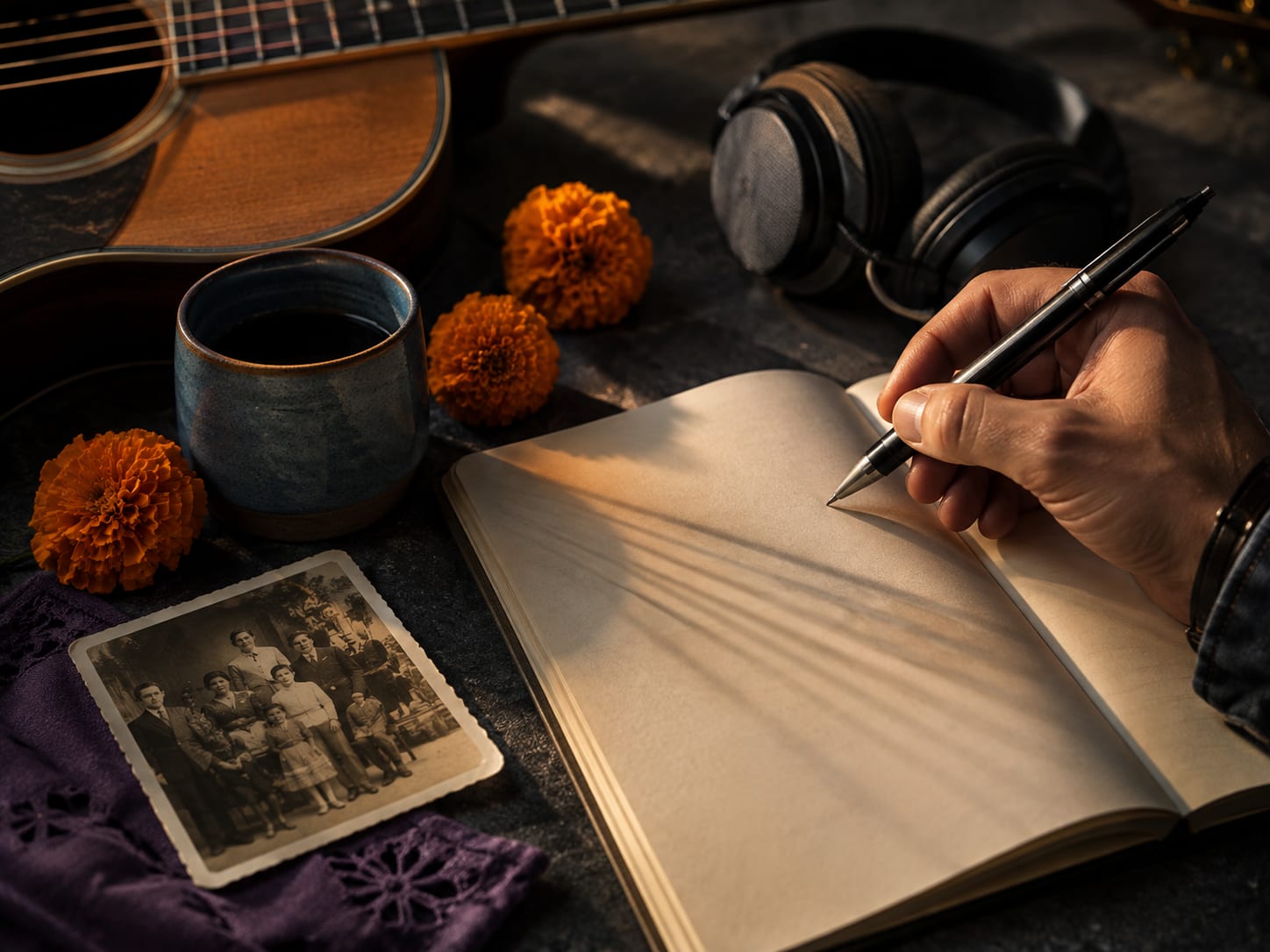 A hand writes in a notebook beside a blue cup, a family photo, a guitar, and marigolds
