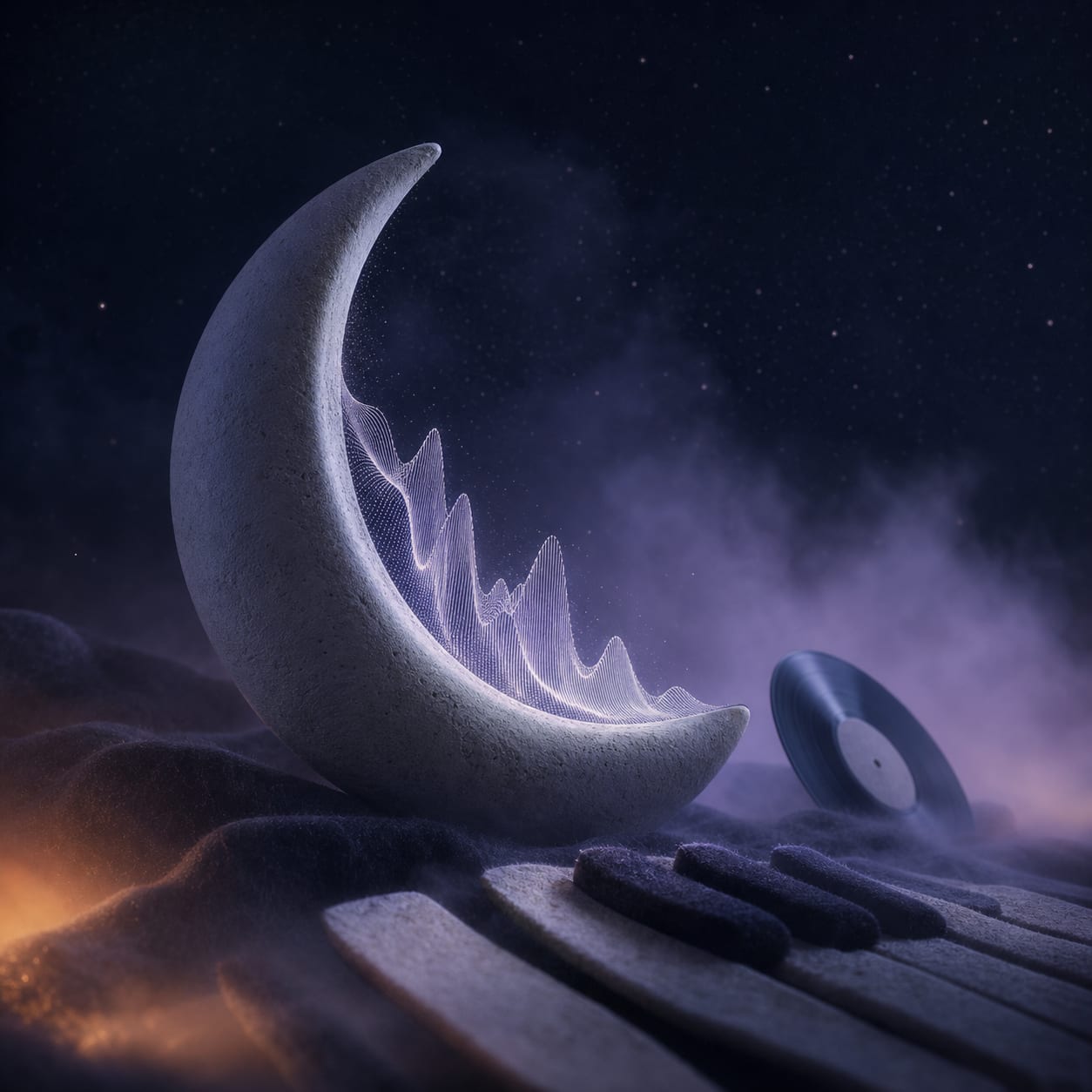 Un croissant de lune en céramique portant une douce forme d’onde sonore au-dessus de touches de piano feutrées et d’un disque vinyle