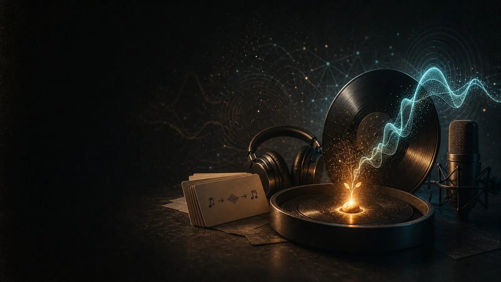Dark editorial artwork of a glowing music seed becoming a waveform and vinyl record