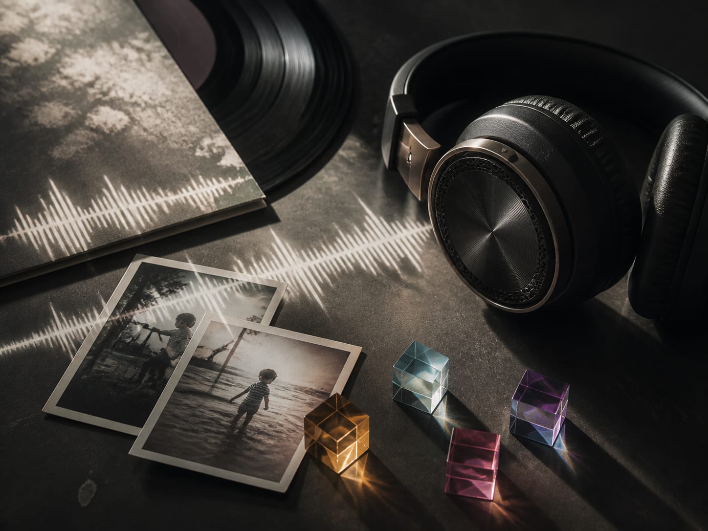 Headphones, vinyl, childhood photos, and waveform light for choosing songs about sisters