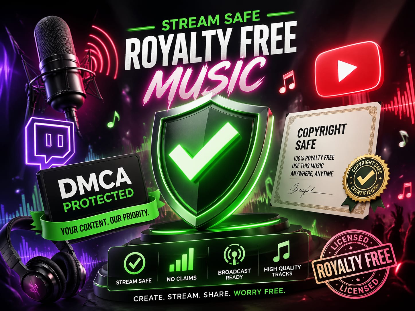 Panel de transmisión en directo que muestra el indicador de estado de música libre de royalties y un informe de copyright limpio