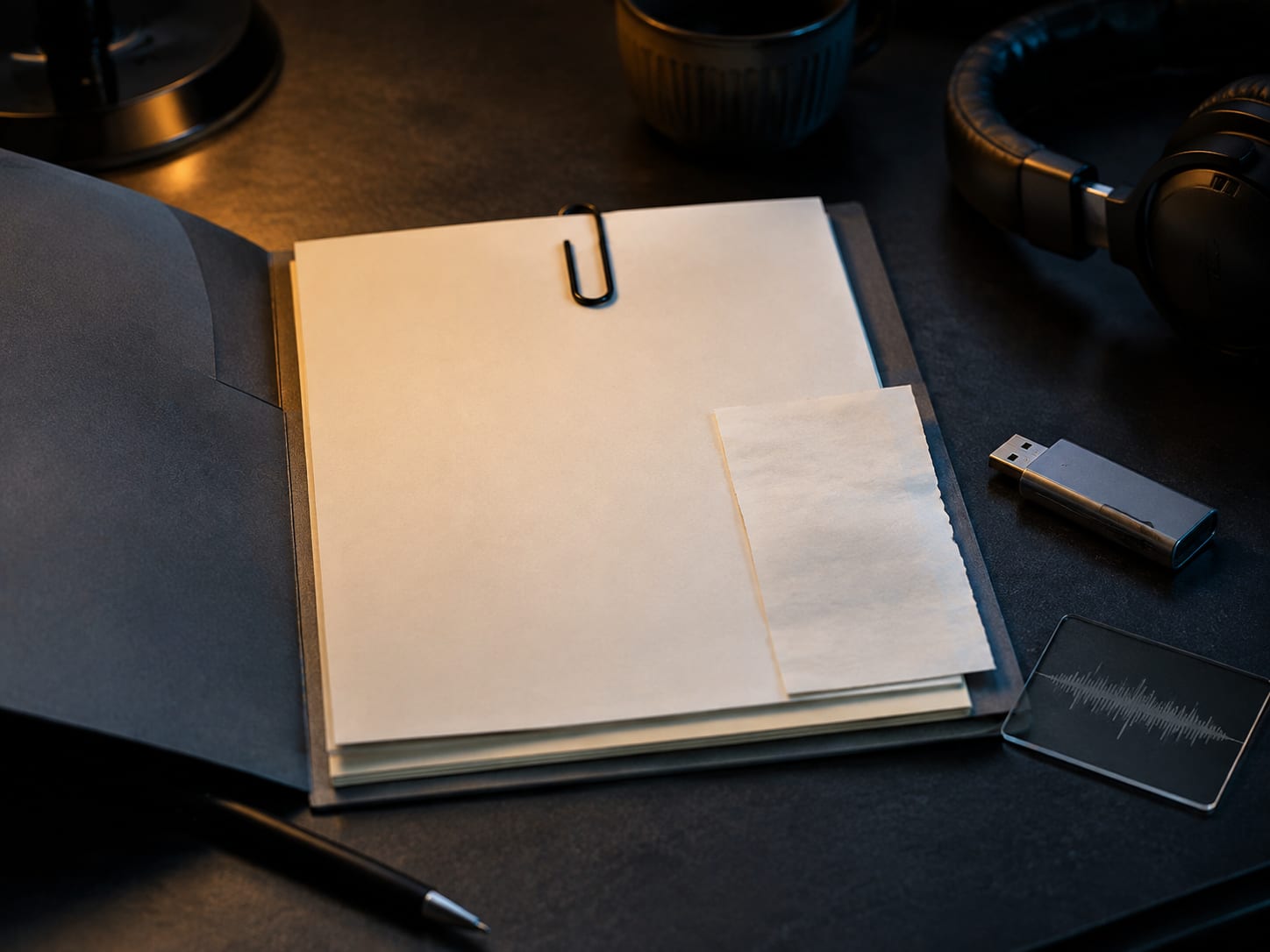 An archival folder, receipt, and USB drive keep podcast music license records together