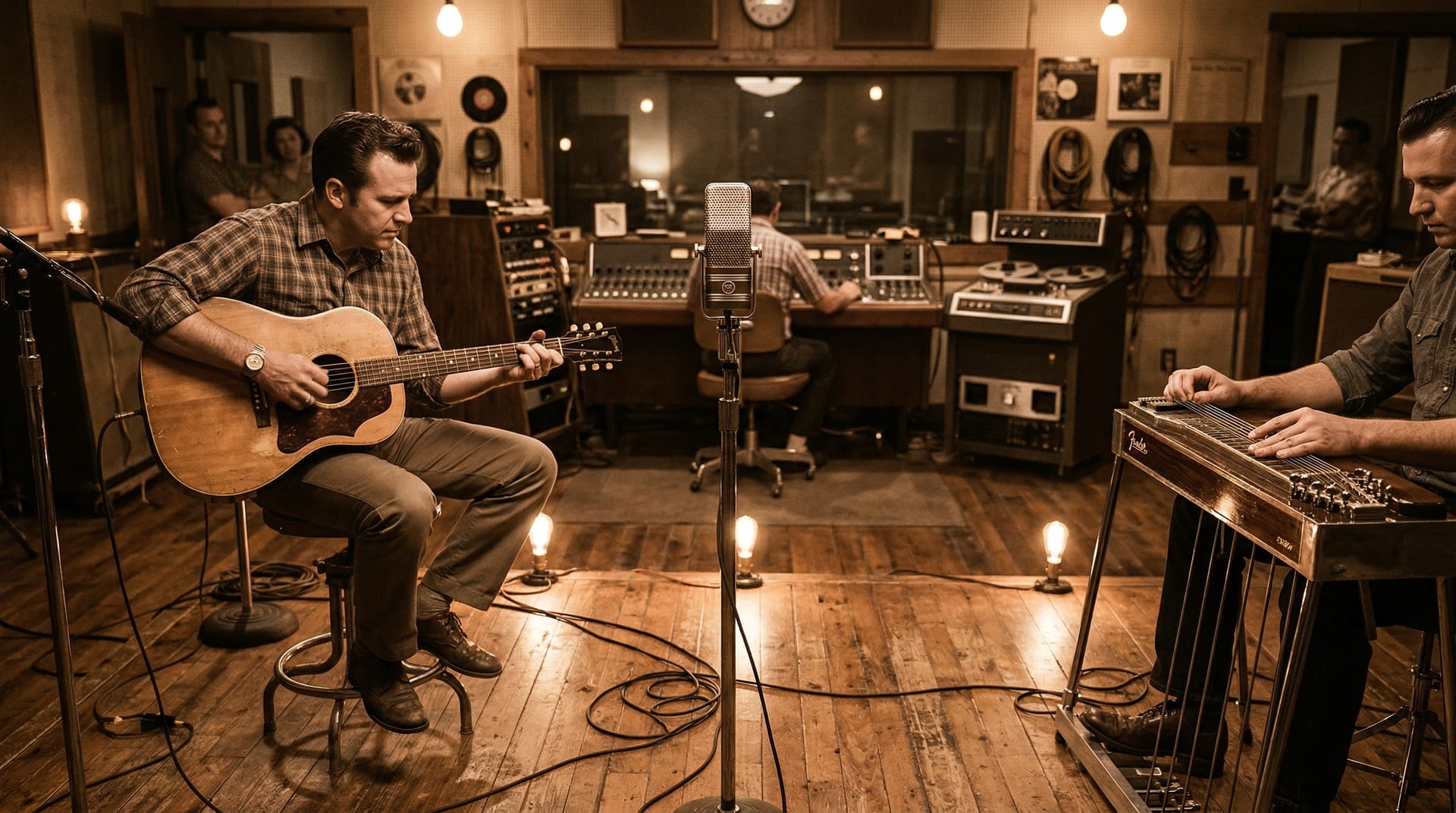 Vintage Nashville recording studio with microphone, acoustic guitar, and pedal steel guitar