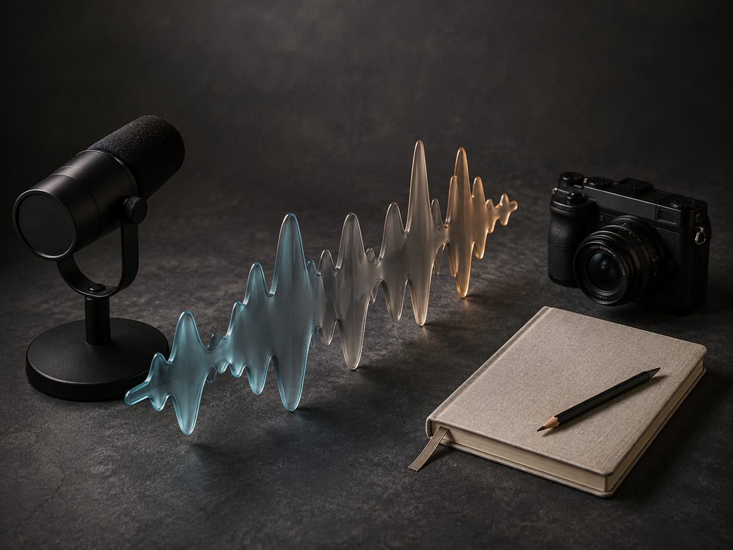A microphone, camera, and teaching notebook connected by a translucent waveform sculpture