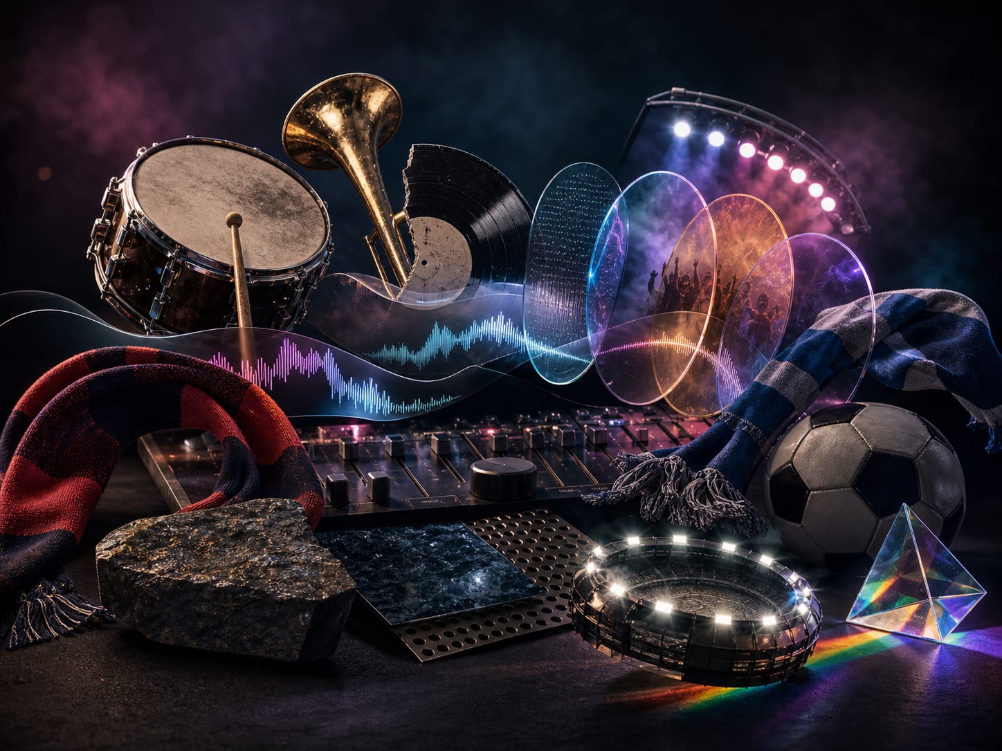Musik-App-Oberfläche mit Spieltag-Stimmungs-Presets wie Stadiongesang, Siegeshymne und EDM-Drop