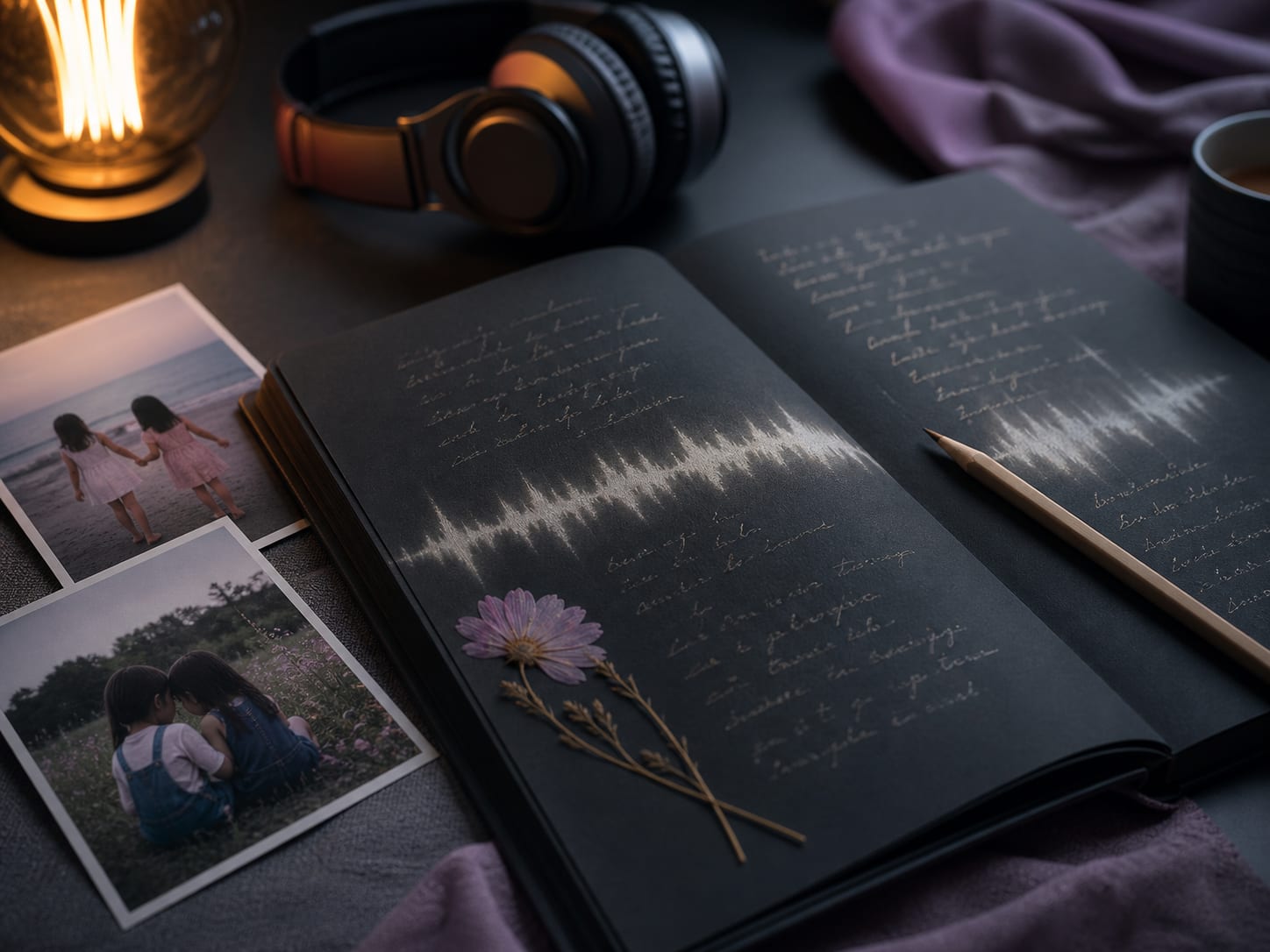 Songwriting notebook, childhood photos, and headphones for writing a song for a sister