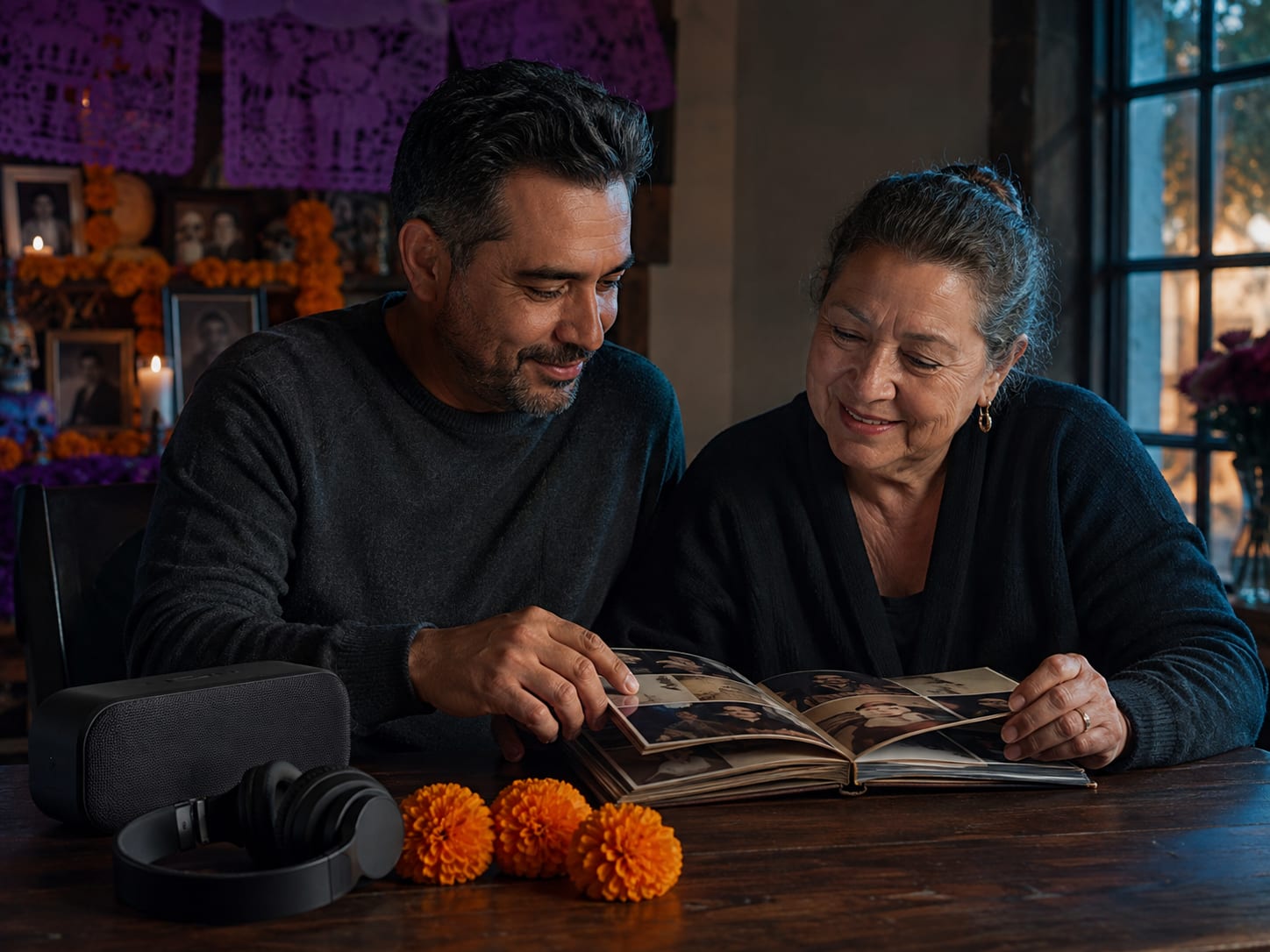 Two relatives choose songs beside a photo album, headphones, and marigolds