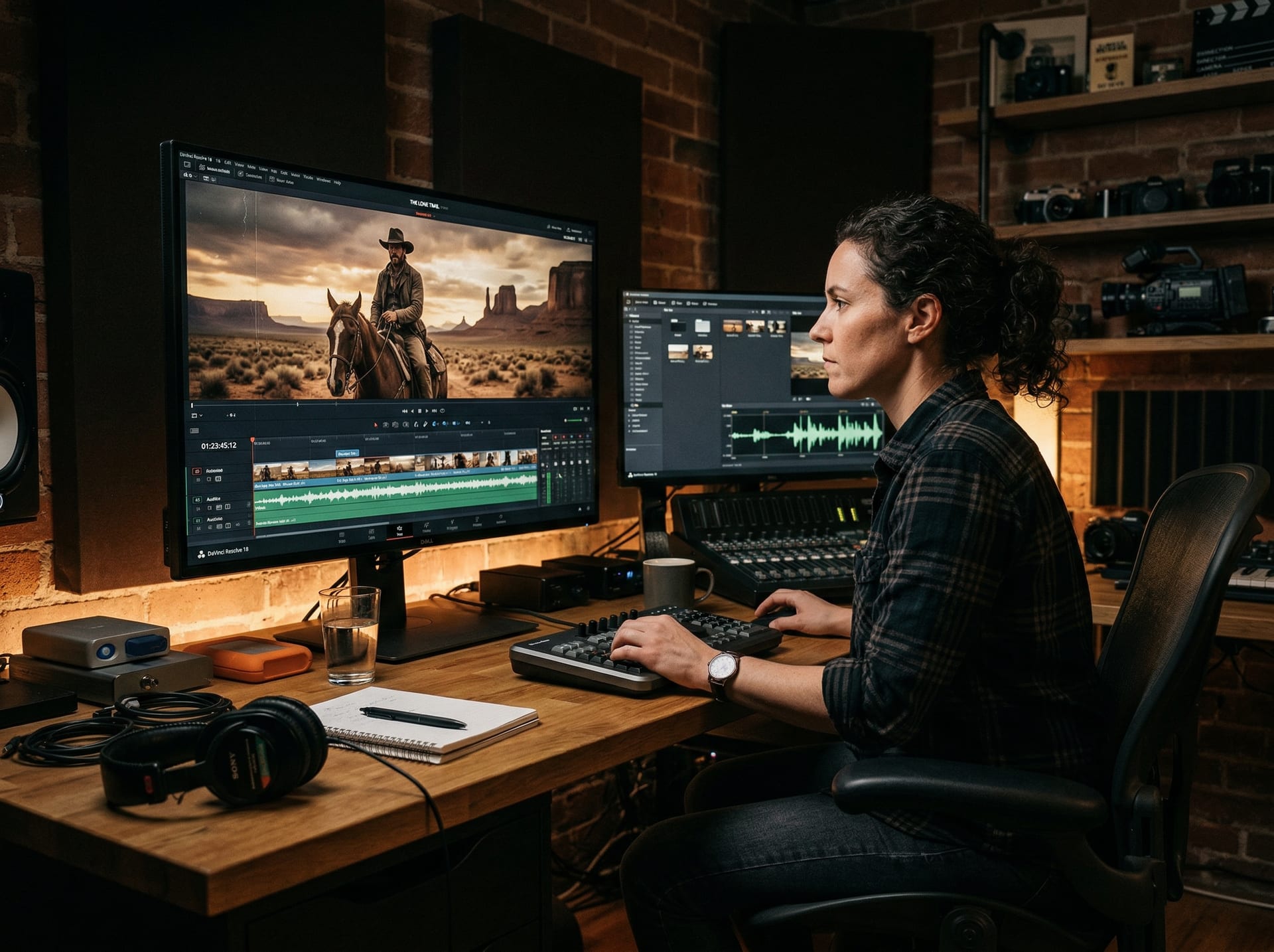 Film director reviewing a Western movie scene with country music score on screen