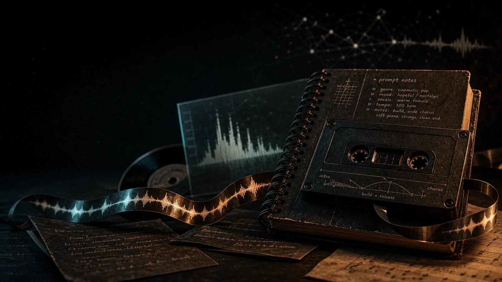 Dark editorial AI music prompt guide artwork with cassette tape, notebook, and waveform ribbon