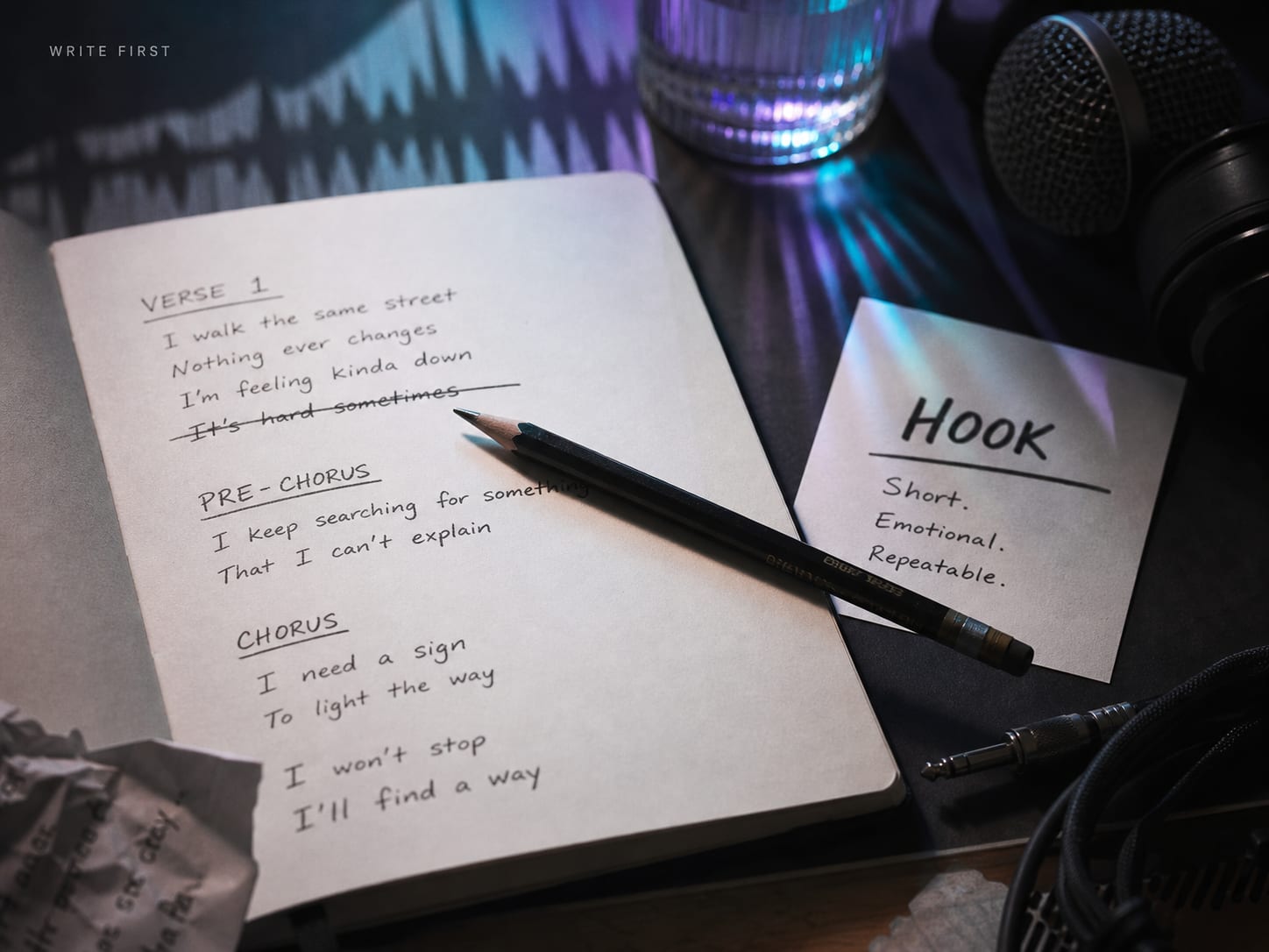 A songwriter notebook with verse, chorus, and hook notes for writing better AI song lyrics