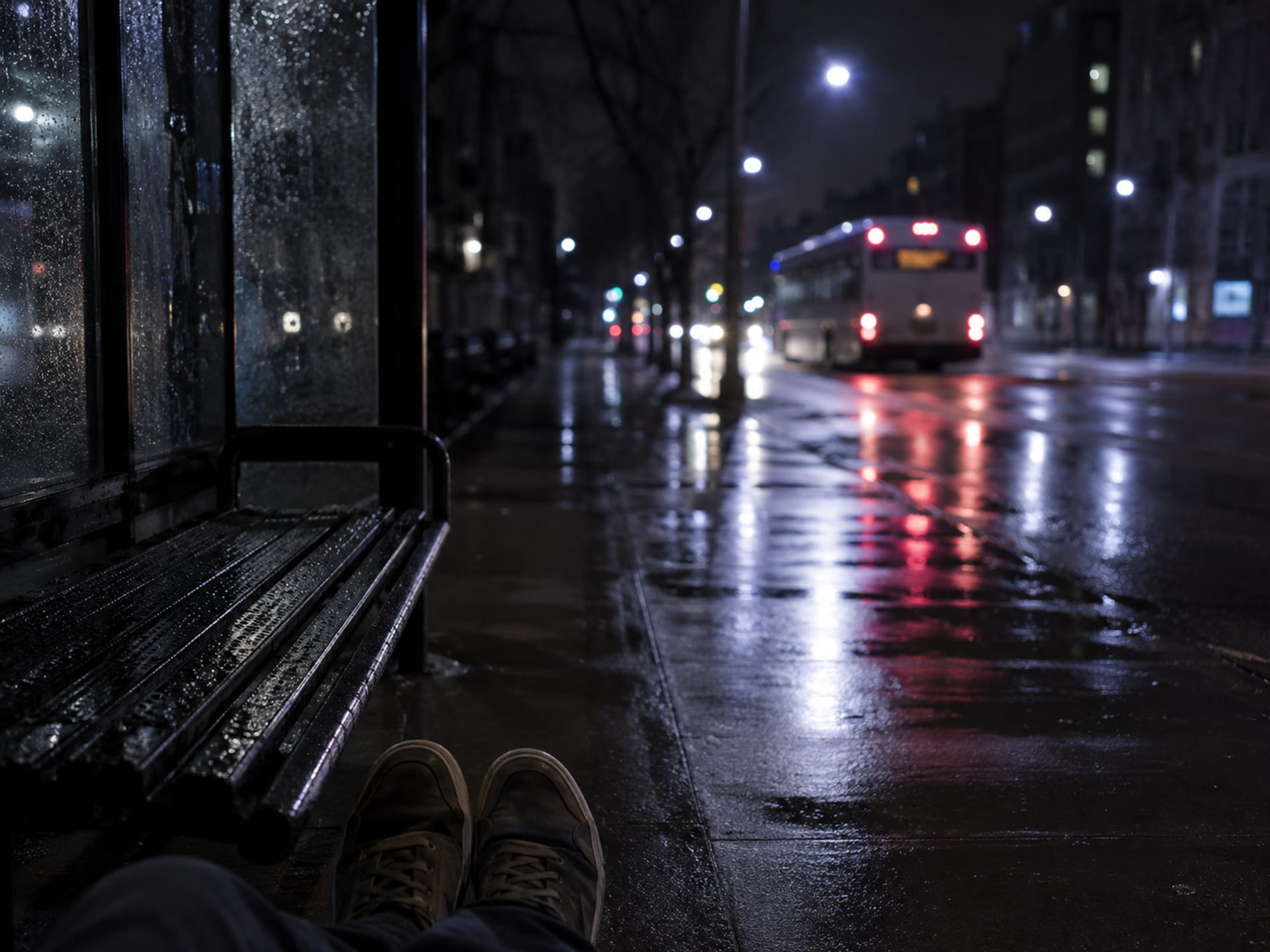 Rainy bus stop with a distant bus and worn sneakers suggesting a story for rap lyrics