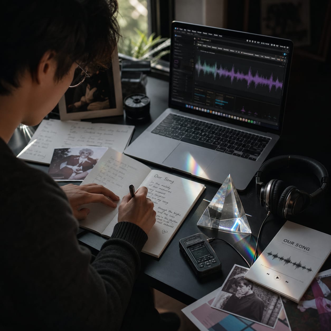 Persona che prepara una canzone personalizzata su un laptop con appunti di testo, cuffie e ricordi stampati su una scrivania scura