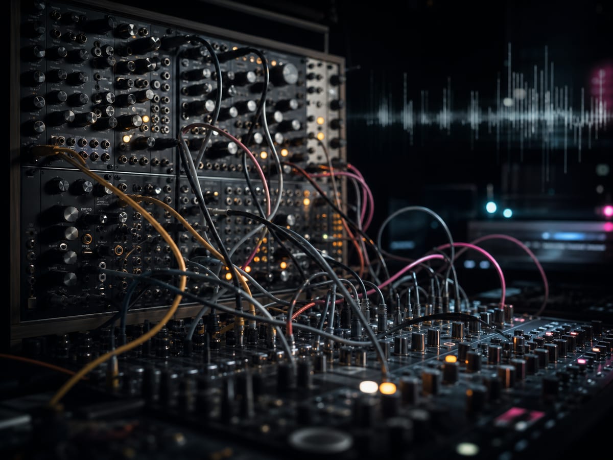 Modularer Synthesizer mit leuchtenden Patchkabeln, der in einem dunklen Studio House-Sound-Design-Texturen erzeugt