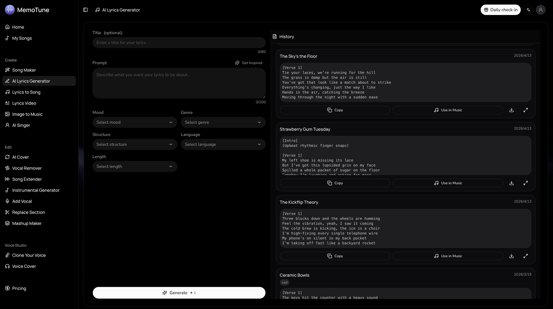 MemoTune AI Lyrics Generator screen with lyric history and a Use in Music button