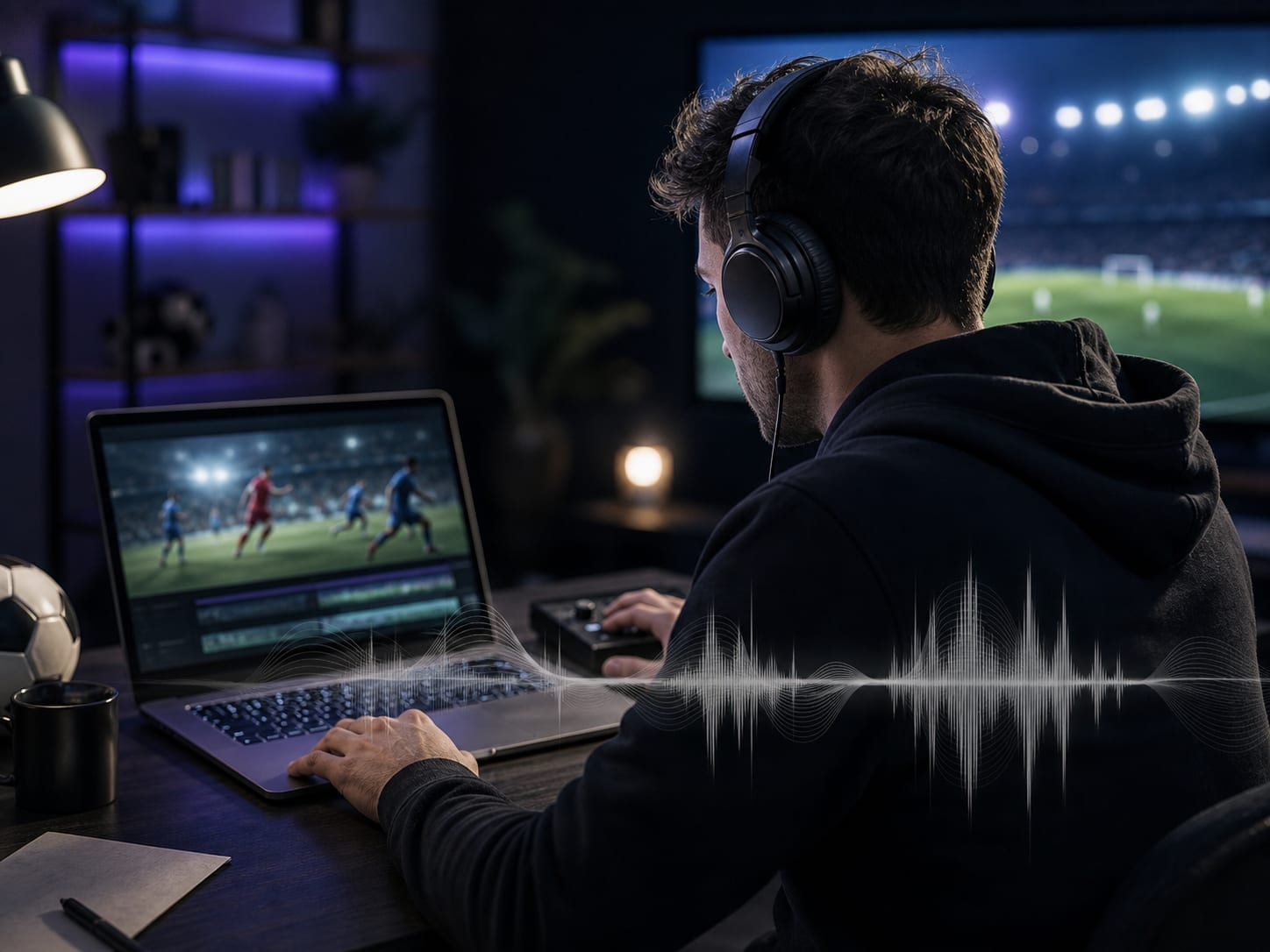 Creator bearbeitet ein Fußball-Highlight-Video am Laptop mit Stadionaufnahmen auf dem Bildschirm und aufgesetzten Kopfhörern