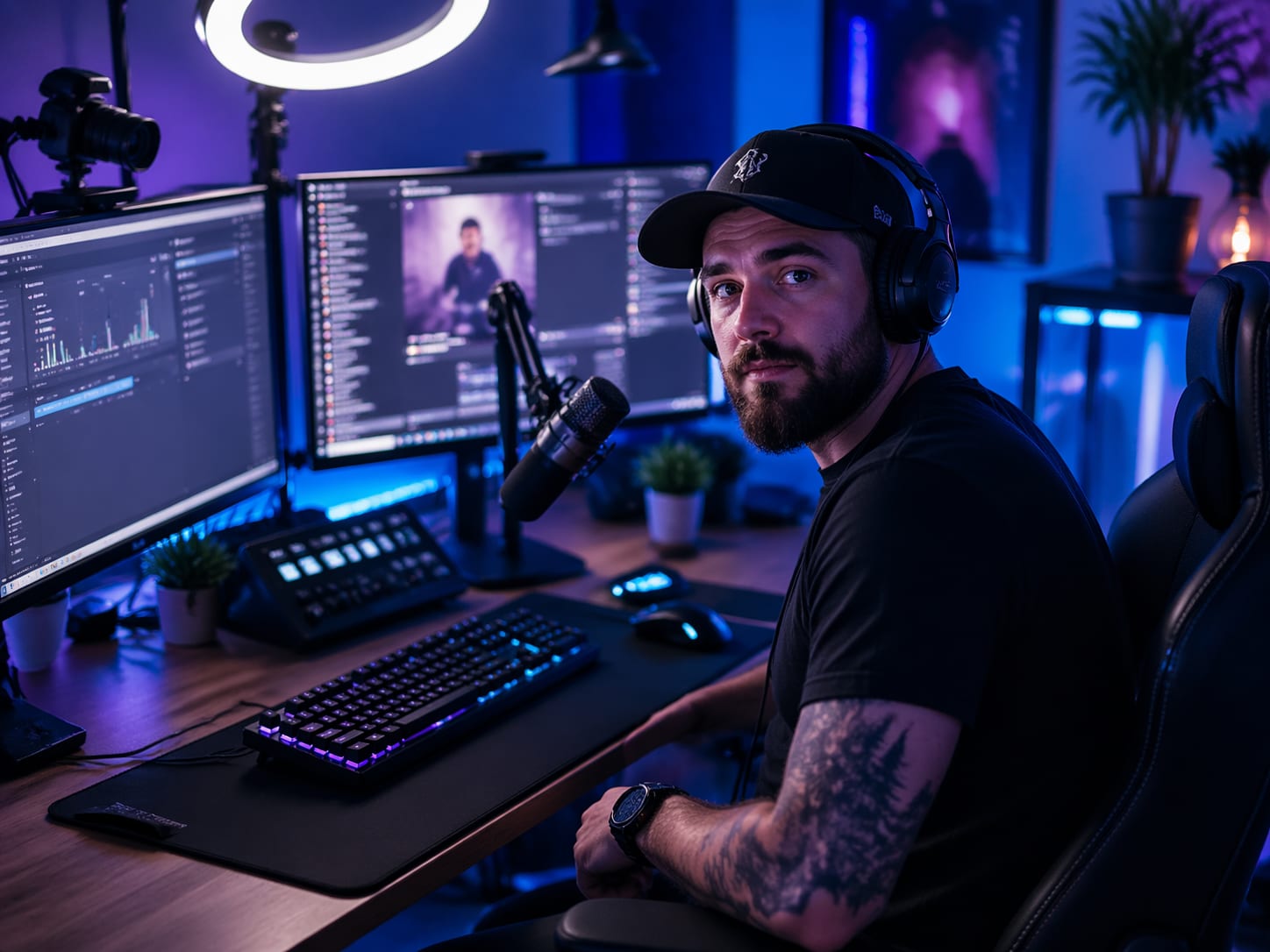 Streamer de Twitch en su escritorio con varios monitores, aro de luz y periféricos de gaming