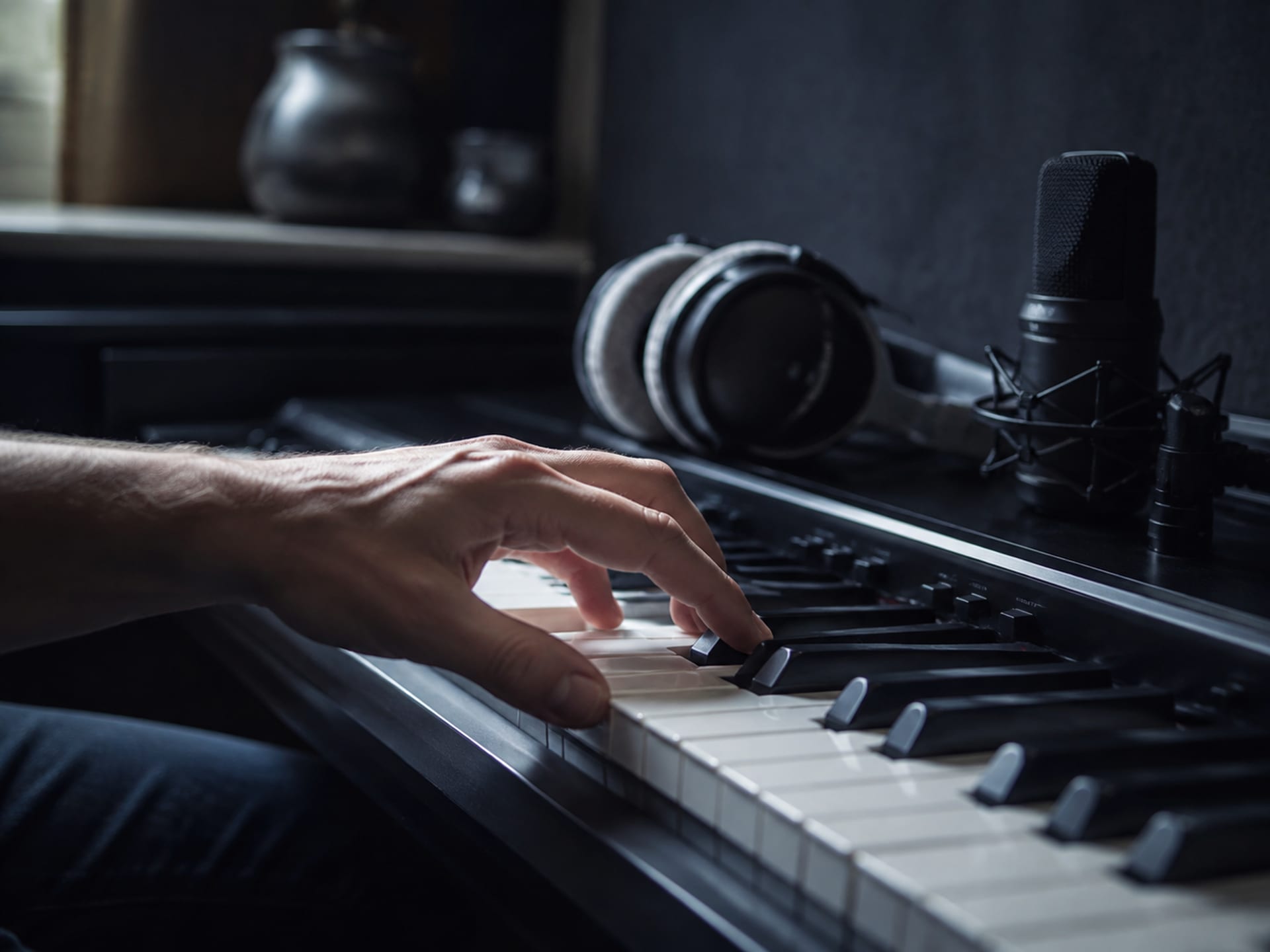 Musicien jouant du piano électrique près d’un casque et d’un microphone pour enregistrer un instrumental original