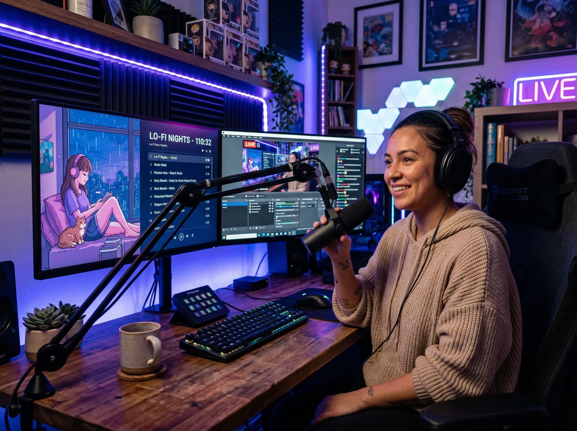Content Creator an einem Streaming-Setup mit zwei Monitoren, die einen Lo-Fi-Lernstream mit animierter Anime-Szene zeigen