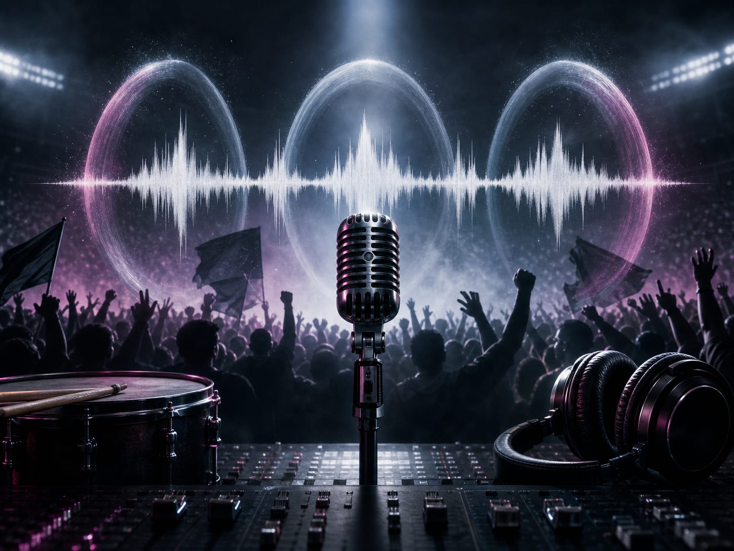 Audio-Wellenform eines gesangsartigen Hooks mit einer Silhouette von Fans im Hintergrund