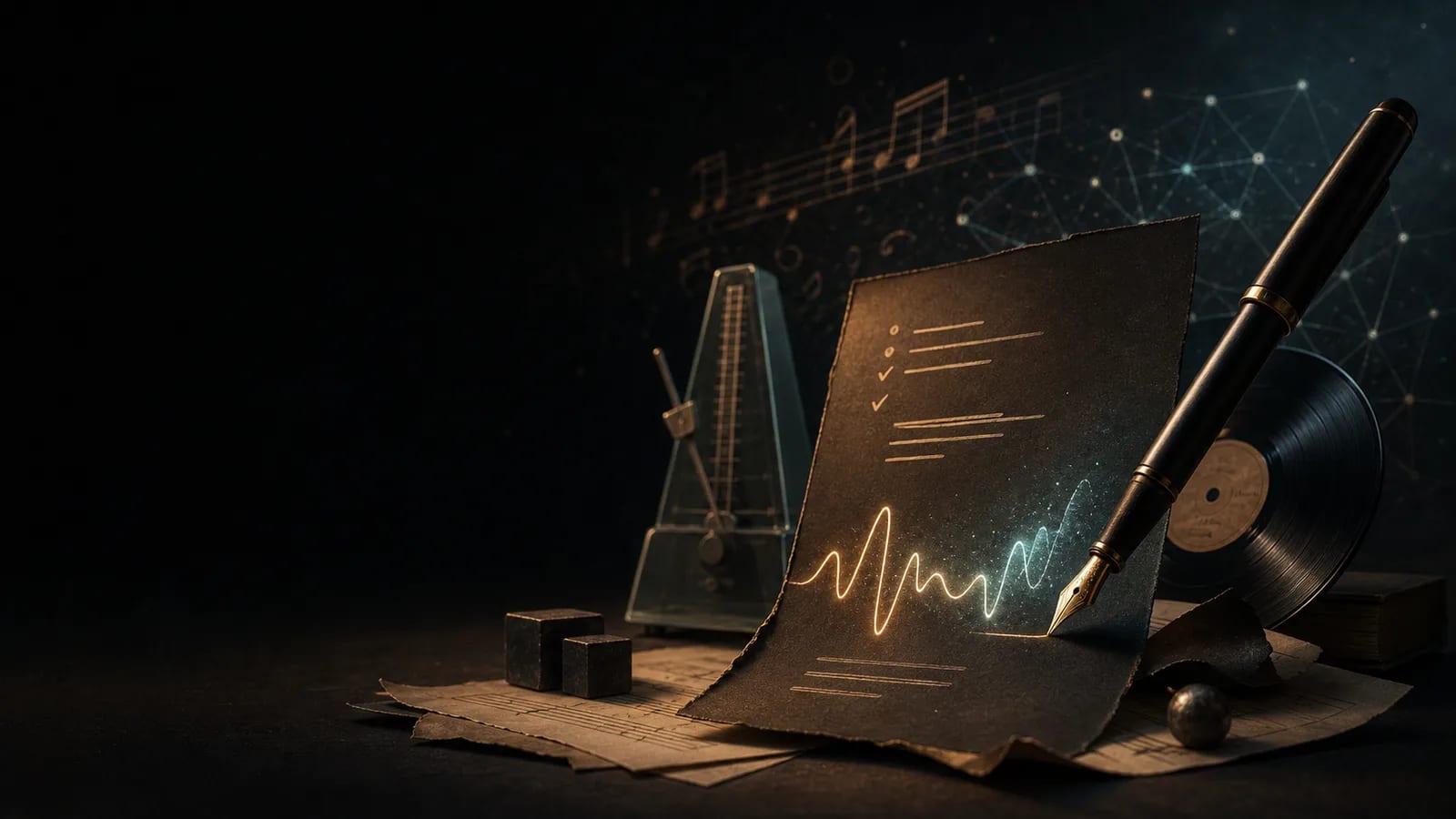 Dark editorial artwork of a fountain pen drawing a glowing waveform from a prompt sheet
