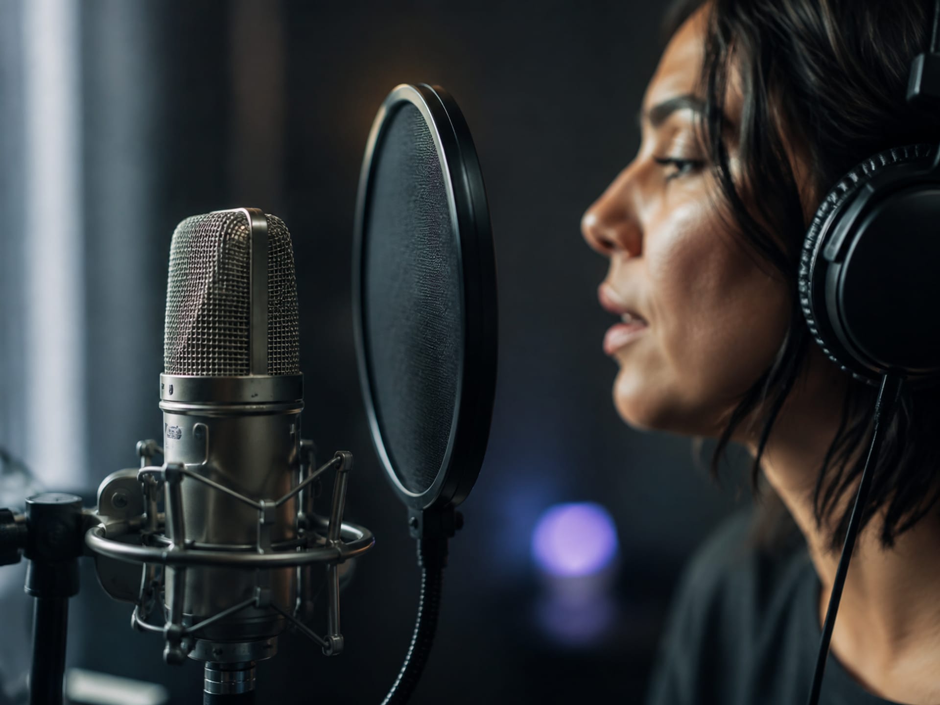 Cantante con auriculares frente a un micrófono de estudio y filtro antipop durante una interpretación vocal
