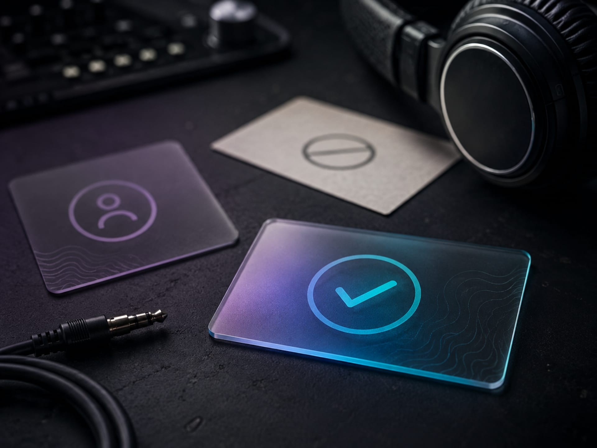 YouTube music license types shown as archival cards beside headphones