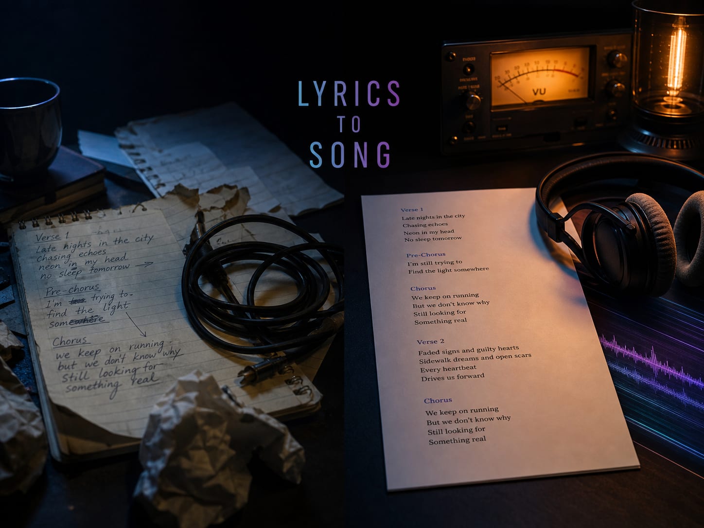 A split creative workflow showing rough lyrics becoming polished lyrics ready for an AI song