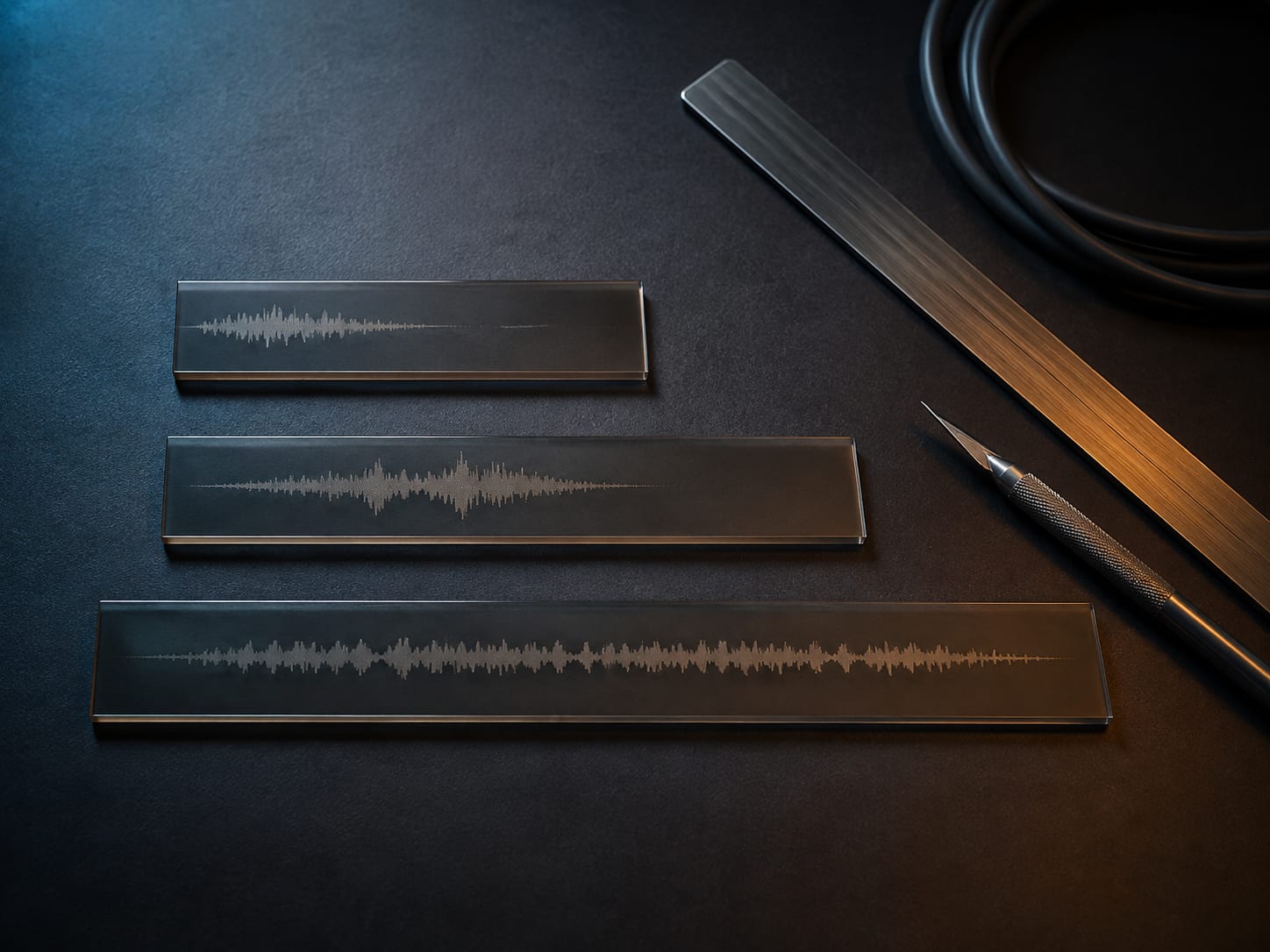 Three waveform strips of different lengths illustrate a podcast intro, transition, and outro