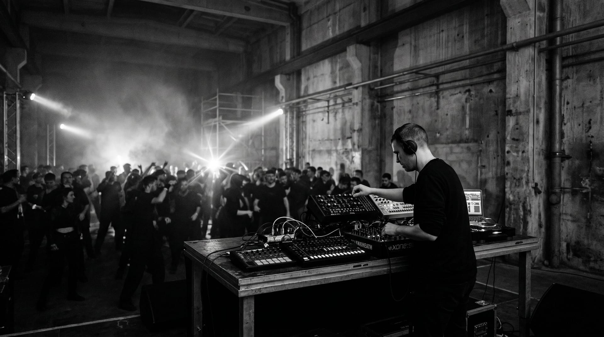 Warehouse industriale buio con luci stroboscopiche e setup techno minimale — drum machine e sintetizzatori su un palco spoglio