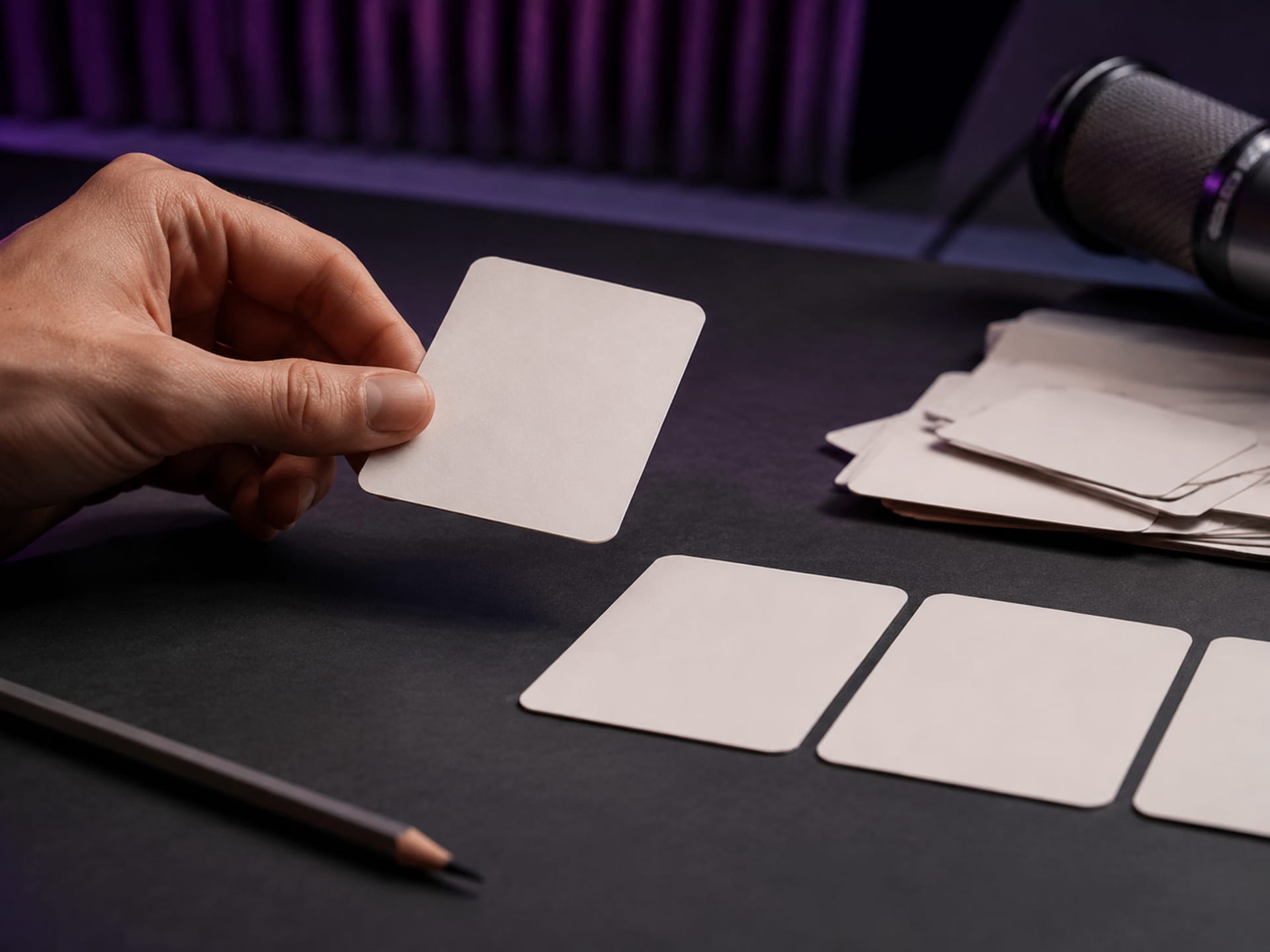 A hand selecting a story card and arranging three cards into a verse sequence beside a microphone