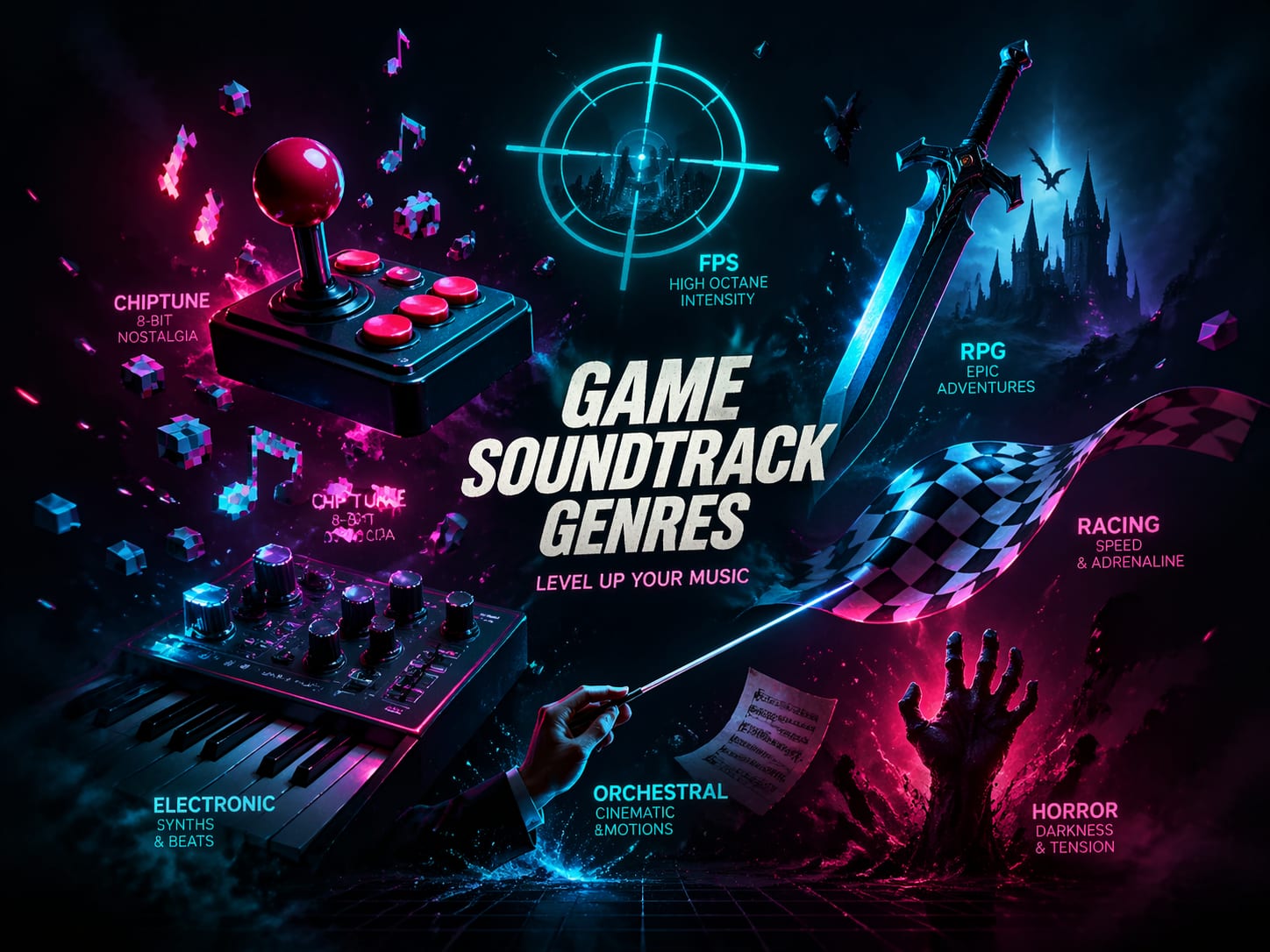 Interfaz de juego con un selector de género musical y varias categorías de gaming resaltadas