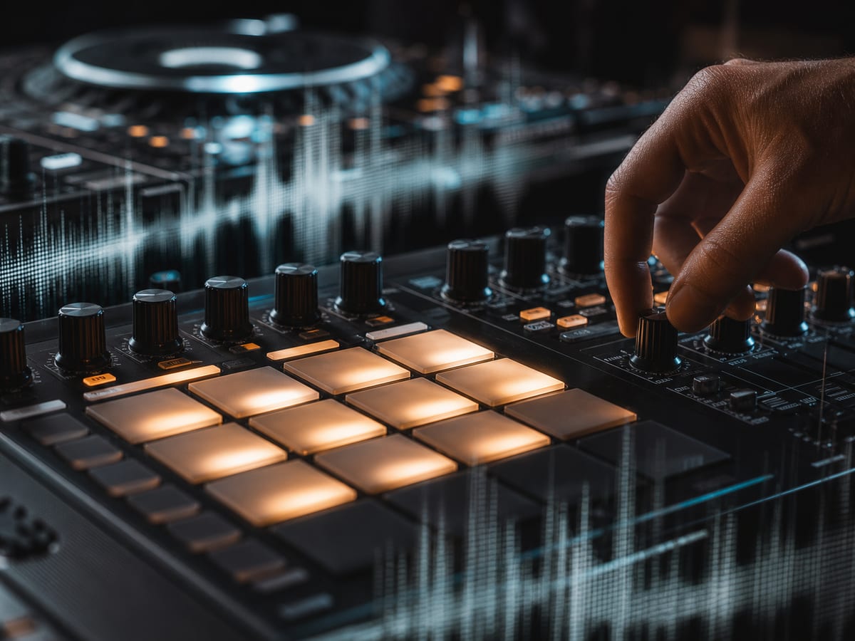 Nahaufnahme eines Drumcomputers mit leuchtenden Pads, der einen Four-on-the-Floor-House-Beat legt