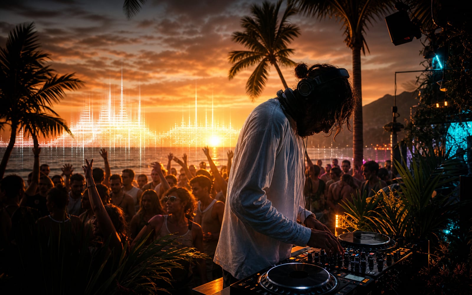 Sonnige Strandparty zur goldenen Stunde mit Palmen und einer Menge, die zu Tropical House tanzt