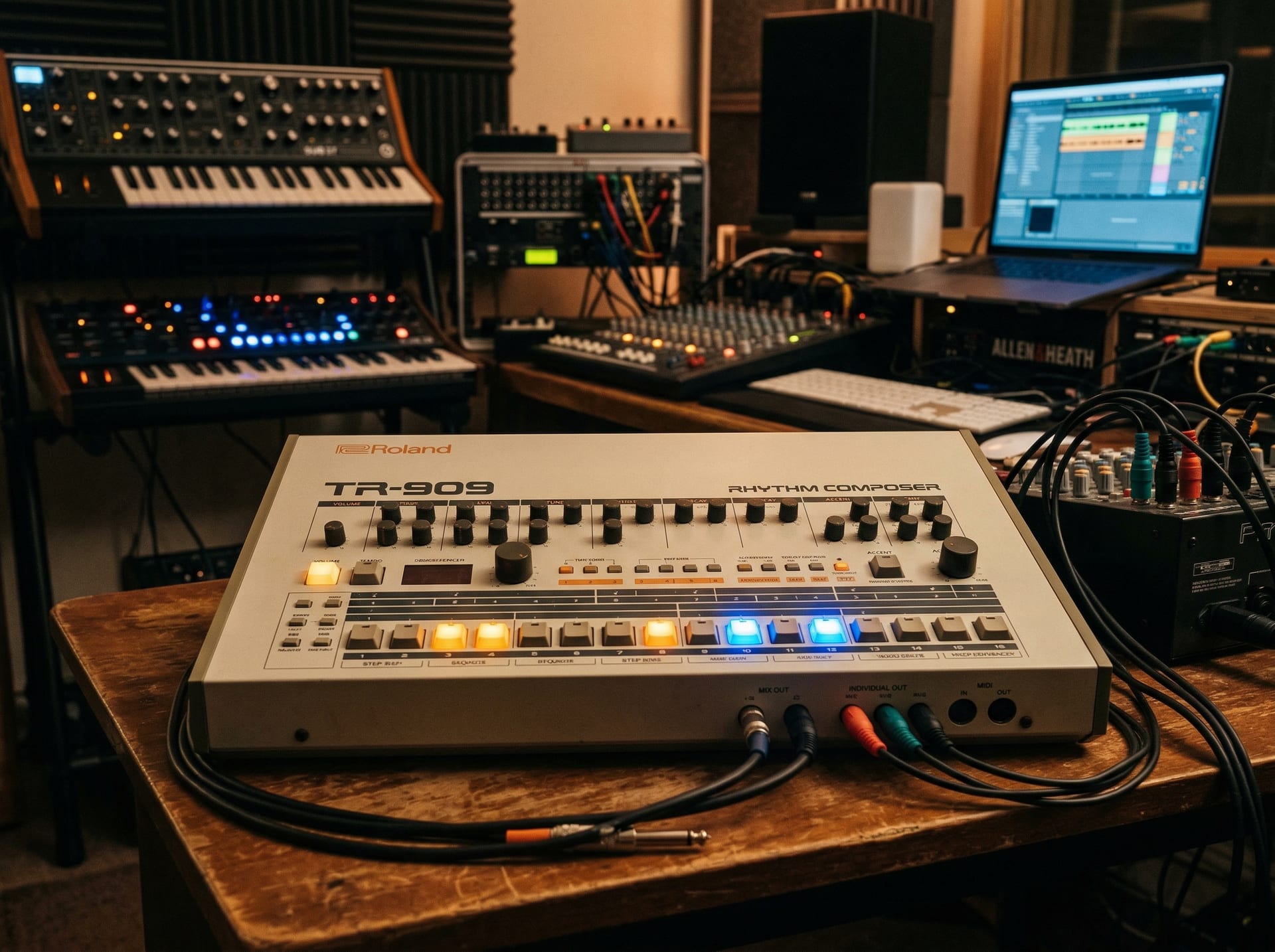 Primo piano di una drum machine con pad luminosi e visualizzazione della forma d'onda ritmica