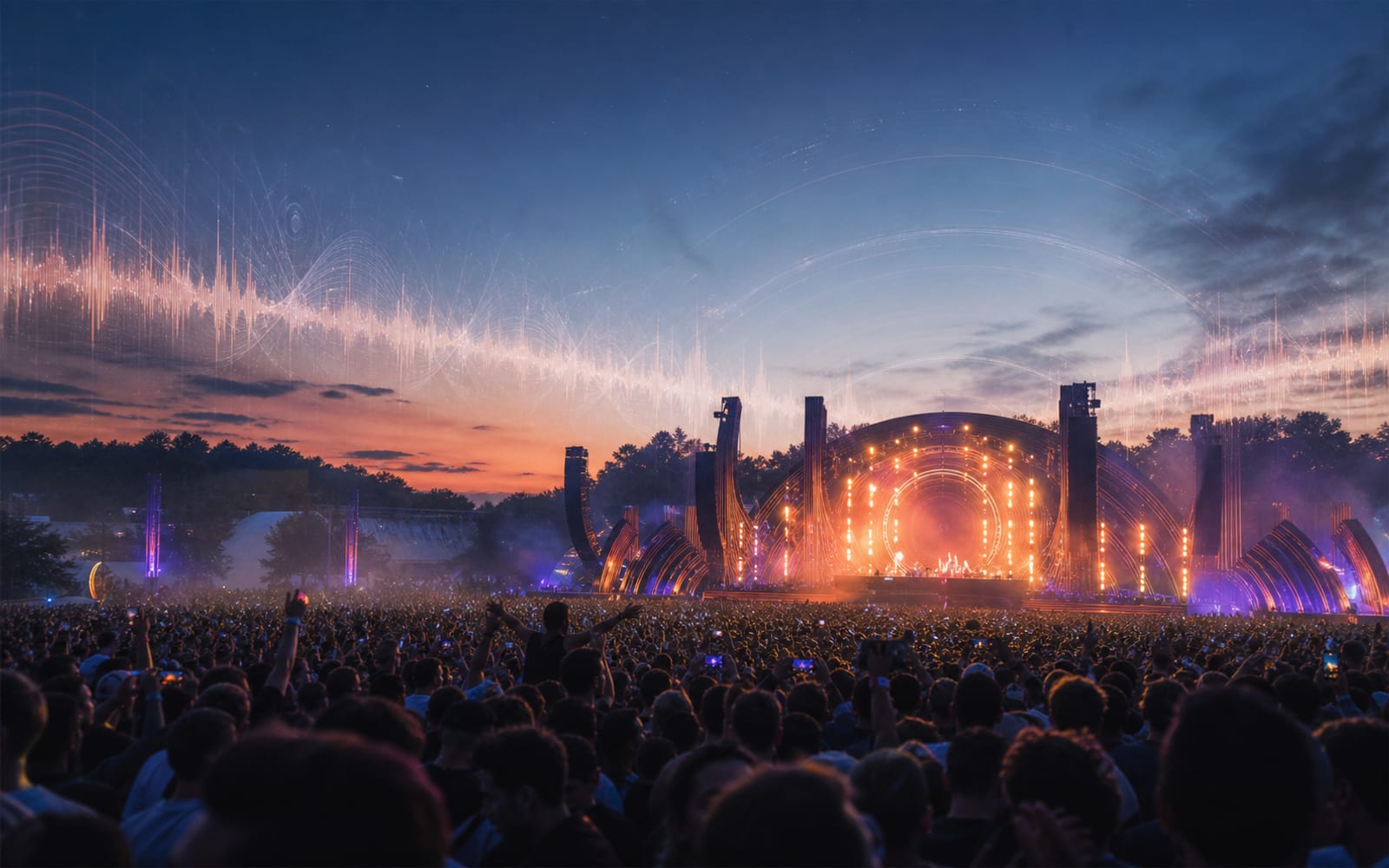 Open-Air-Festival in der Dämmerung mit einer riesigen Menge und einer leuchtenden Mainstage während eines Progressive-House-Sets