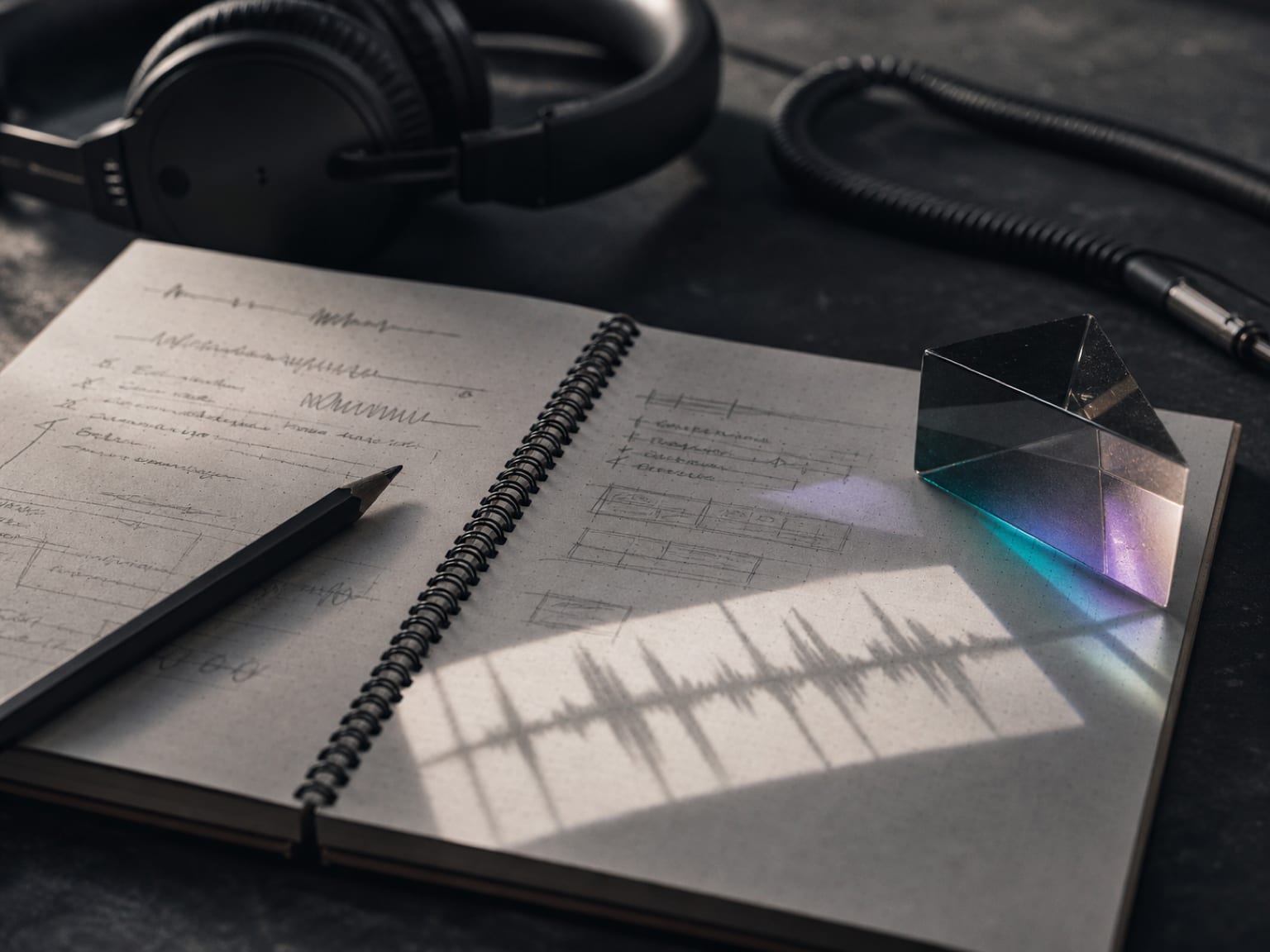A lyric notebook, pencil, headphones, and waveform shadow illustrating the prompt-to-lyrics workflow