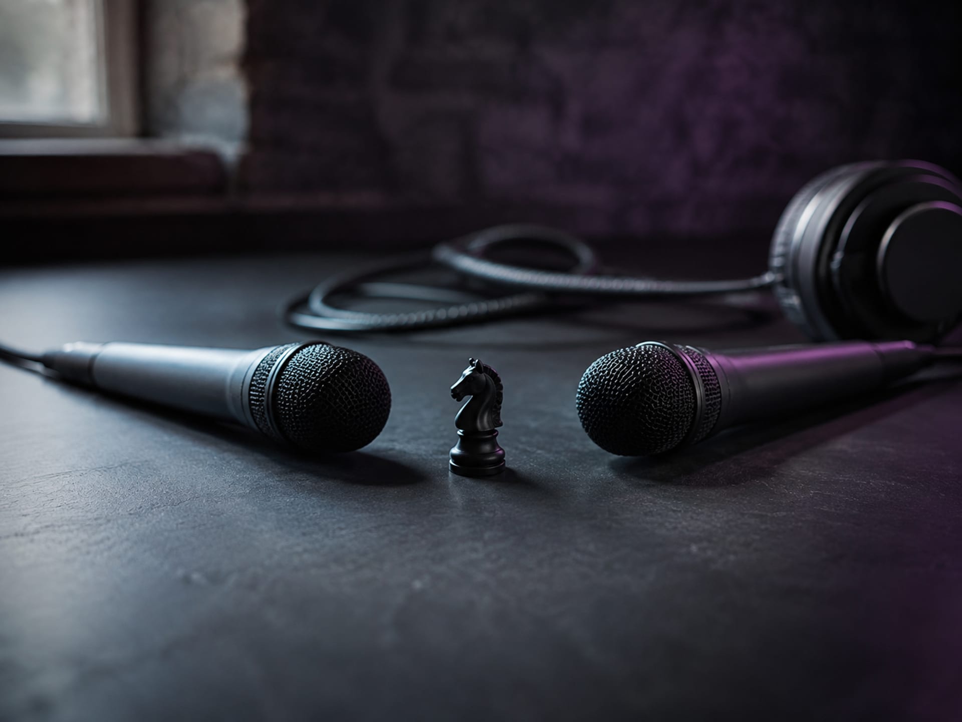 Two microphones facing a chess knight on a rehearsal table, suggesting playful rap battles