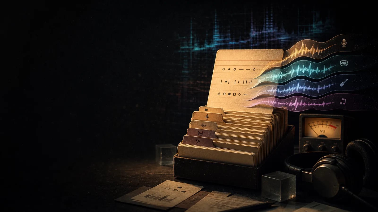 Dark editorial artwork of prompt example cards with layered waveform stems