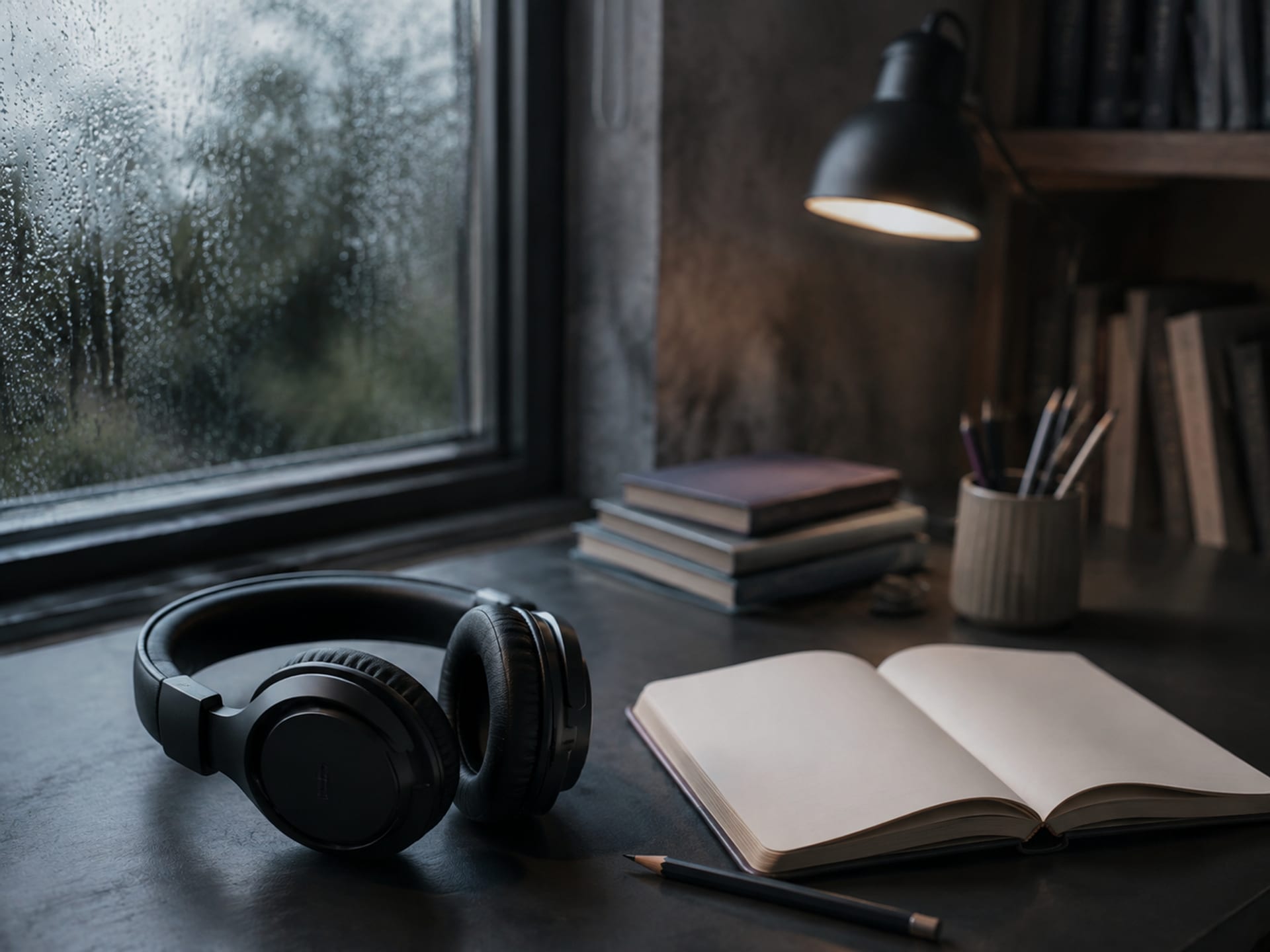 Casque, carnet et lampe de bureau chaleureuse près d’une fenêtre pluvieuse pour une playlist d’étude
